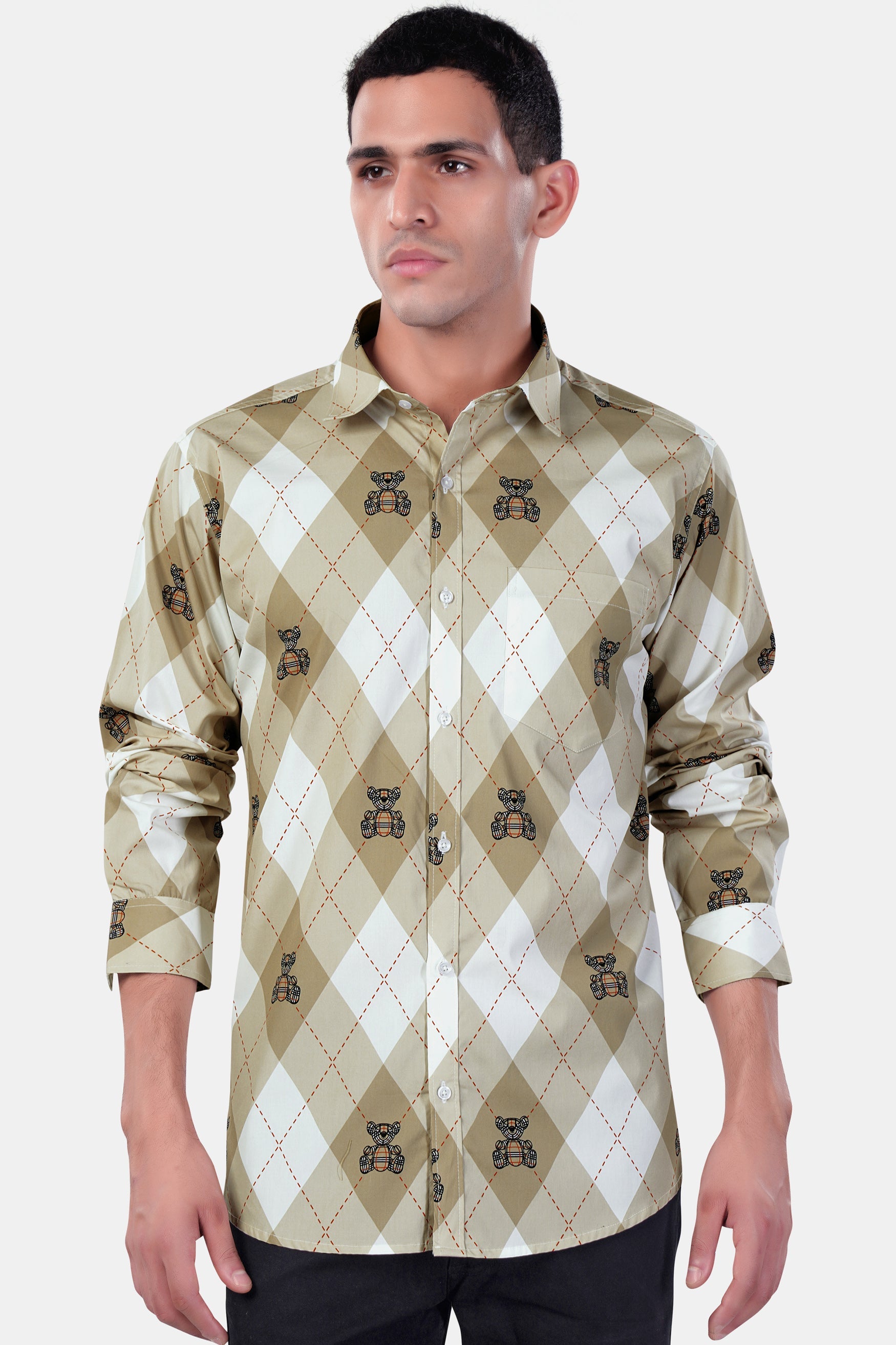 7swords-Beaver Brown with White and Milano Red Geometric with Teddy Bear Printed Premium Cotton Shirt