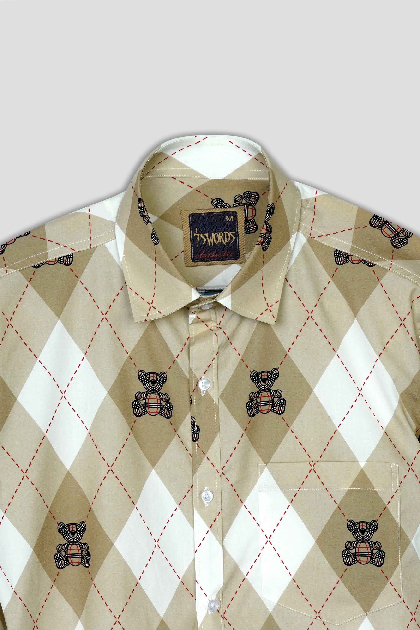 7swords-Beaver Brown with White and Milano Red Geometric with Teddy Bear Printed Premium Cotton Shirt