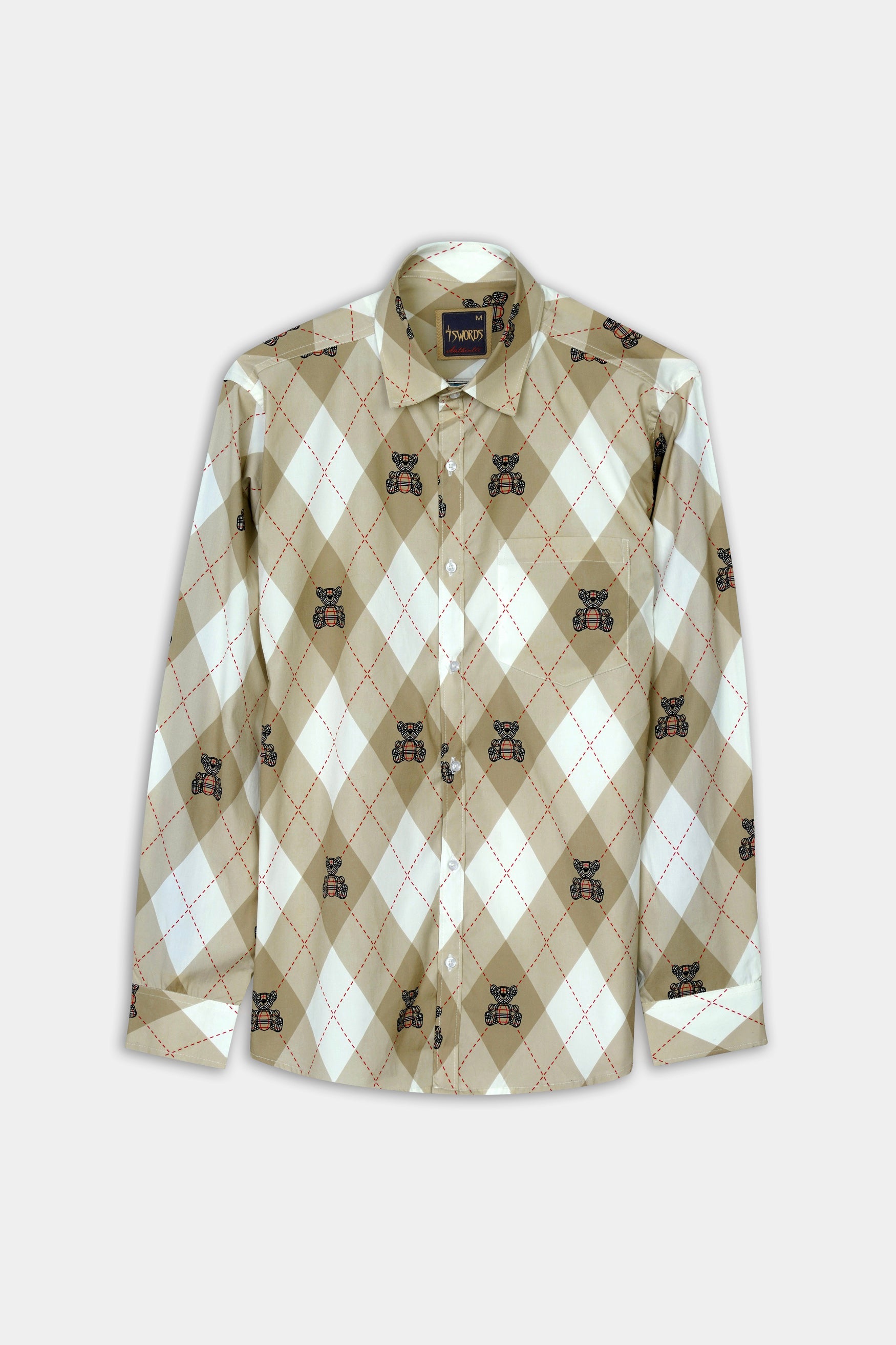 7swords-Beaver Brown with White and Milano Red Geometric with Teddy Bear Printed Premium Cotton Shirt