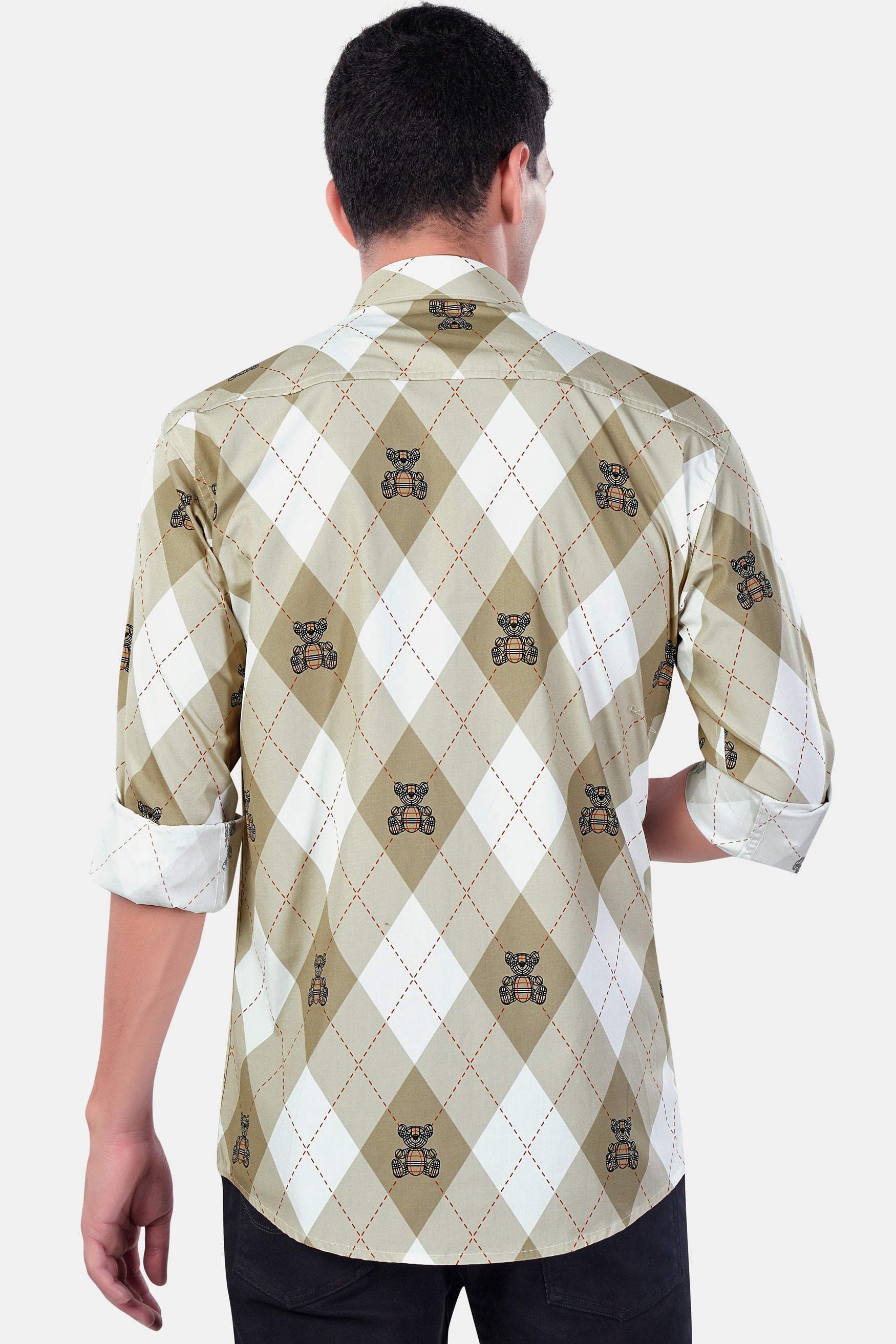 7swords-Beaver Brown with White and Milano Red Geometric with Teddy Bear Printed Premium Cotton Shirt