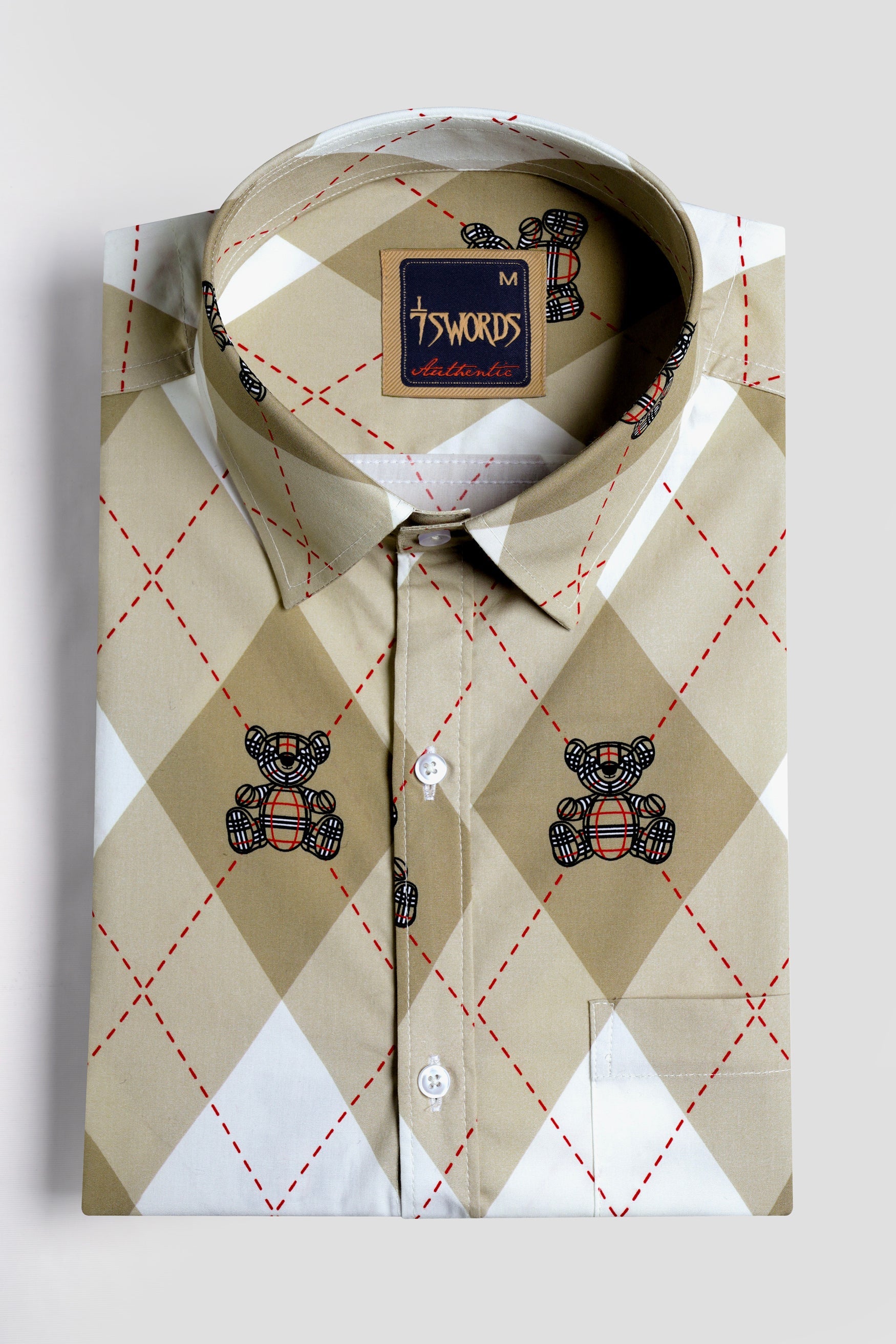 7swords-Beaver Brown with White and Milano Red Geometric with Teddy Bear Printed Premium Cotton Shirt