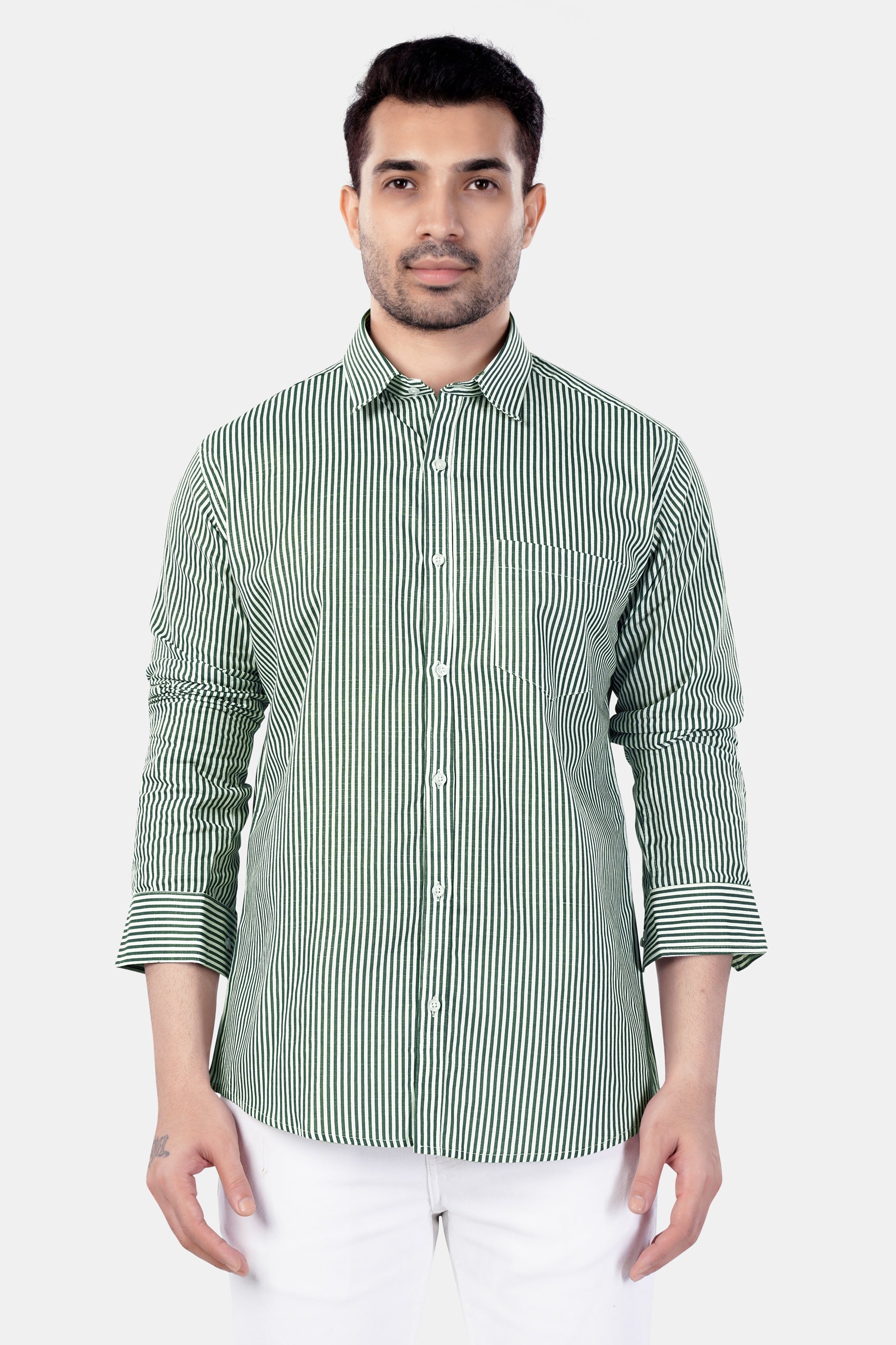 7swords-Bright White and Cactus Green Striped Premium Cotton Shirt