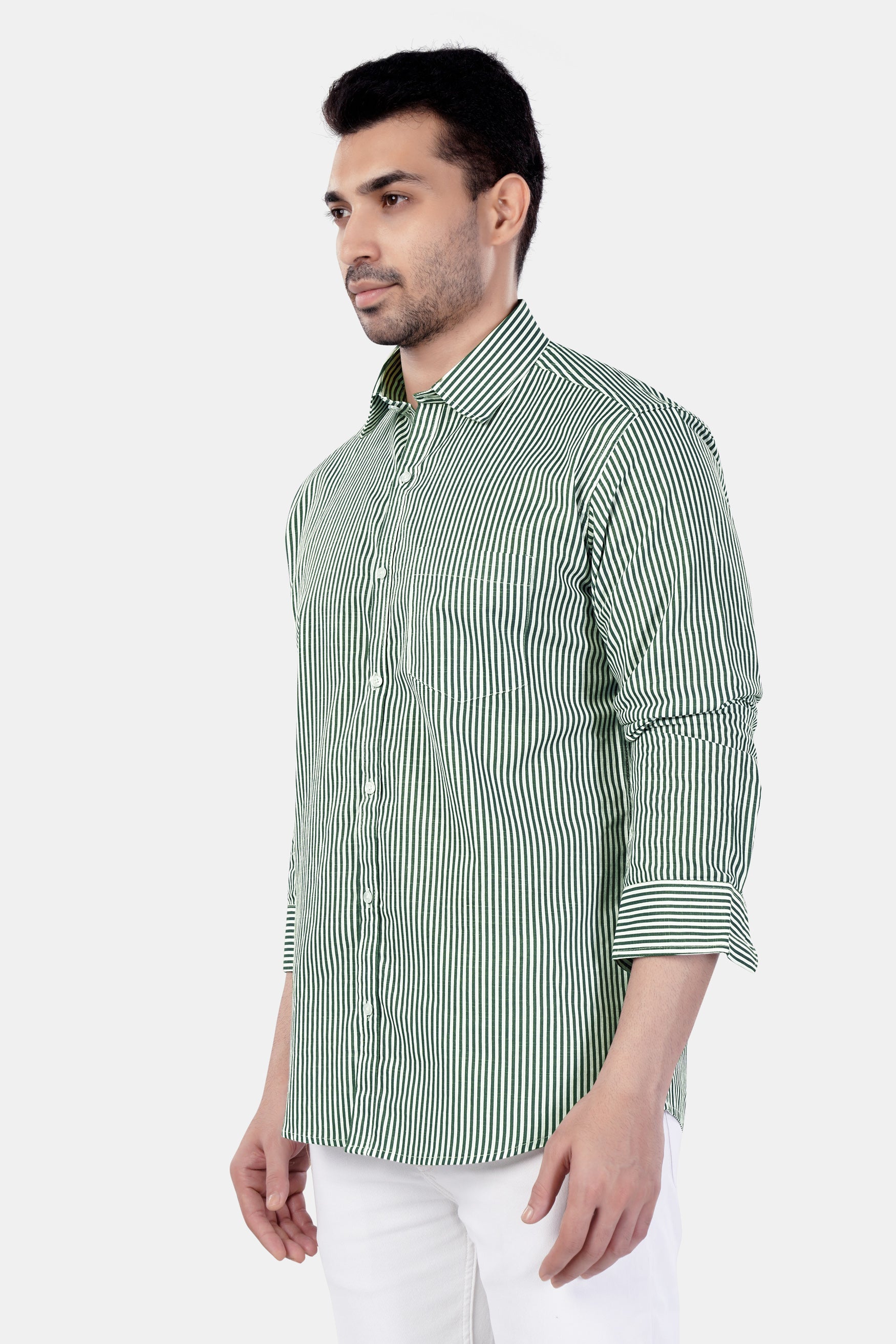 7swords-Bright White and Cactus Green Striped Premium Cotton Shirt