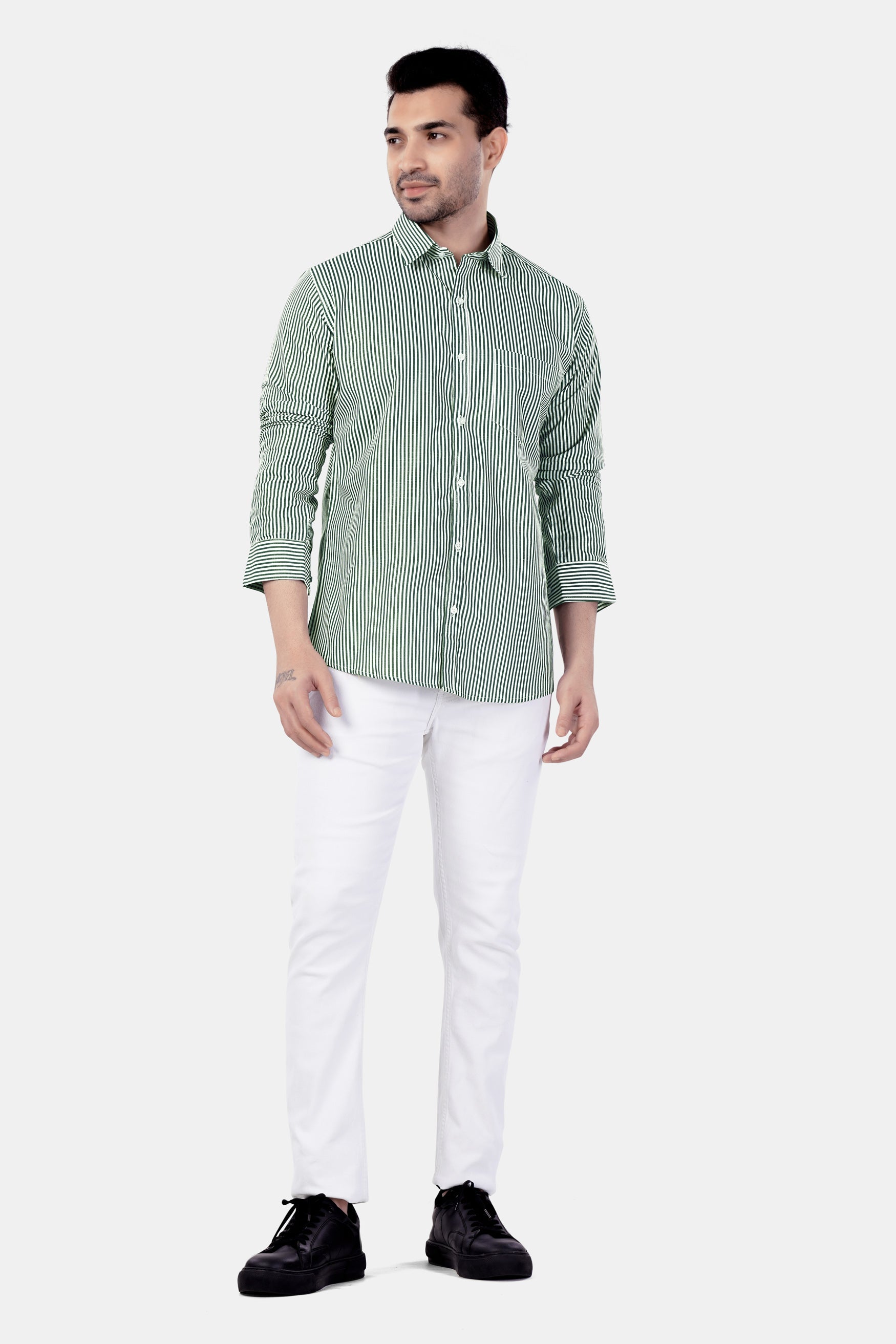 7swords-Bright White and Cactus Green Striped Premium Cotton Shirt