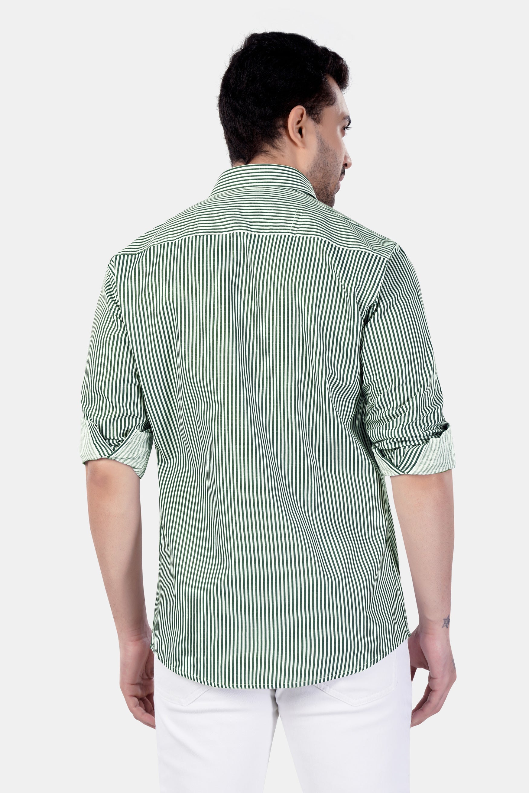 7swords-Bright White and Cactus Green Striped Premium Cotton Shirt