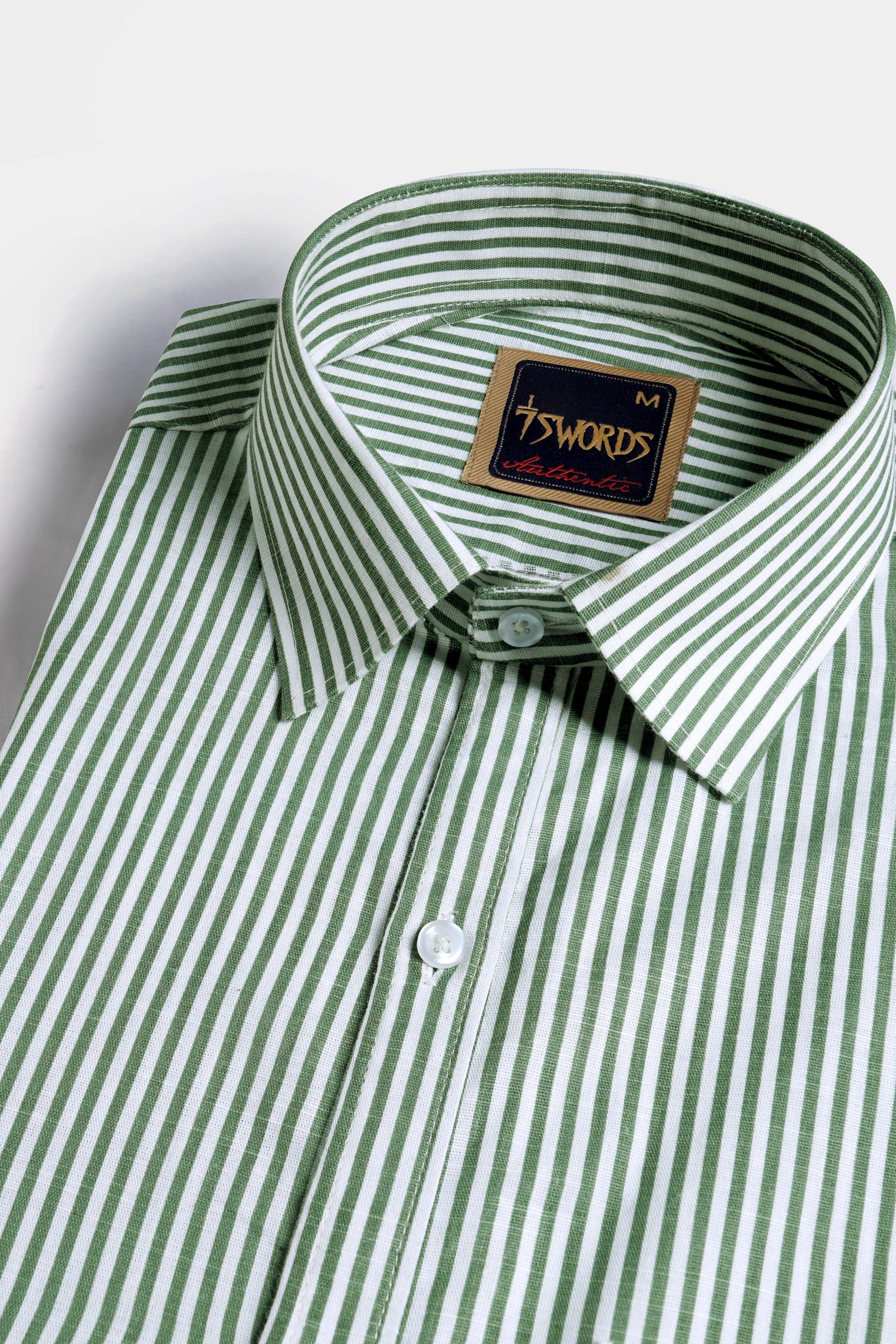 7swords-Bright White and Cactus Green Striped Premium Cotton Shirt