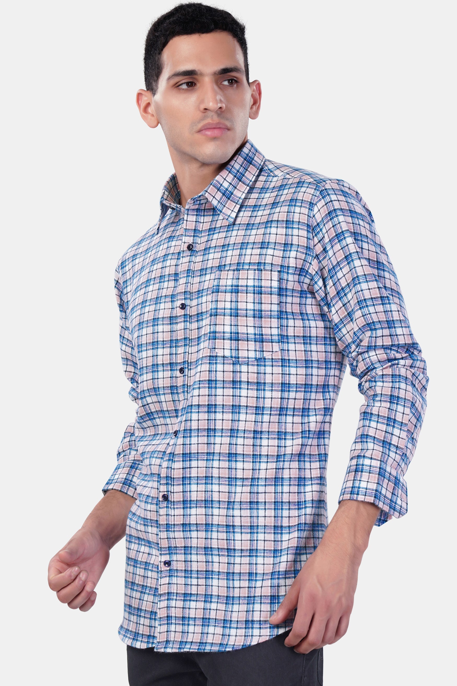 7swords-Danube Blue and Blossom Pink Checkered Premium Cotton Shirt