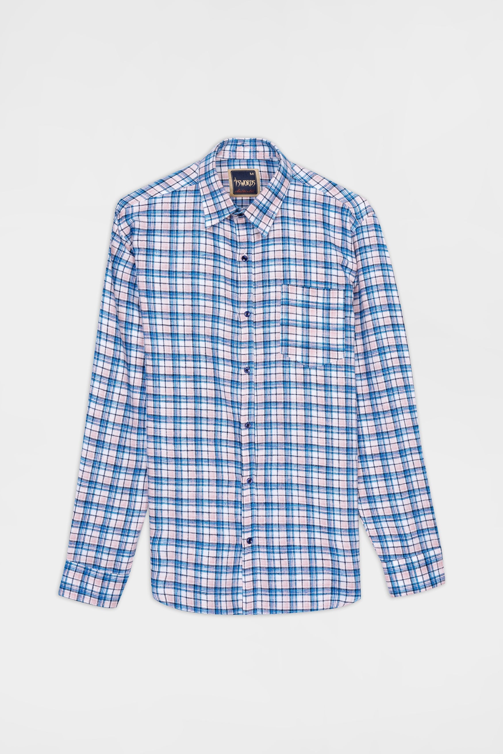 7swords-Danube Blue and Blossom Pink Checkered Premium Cotton Shirt