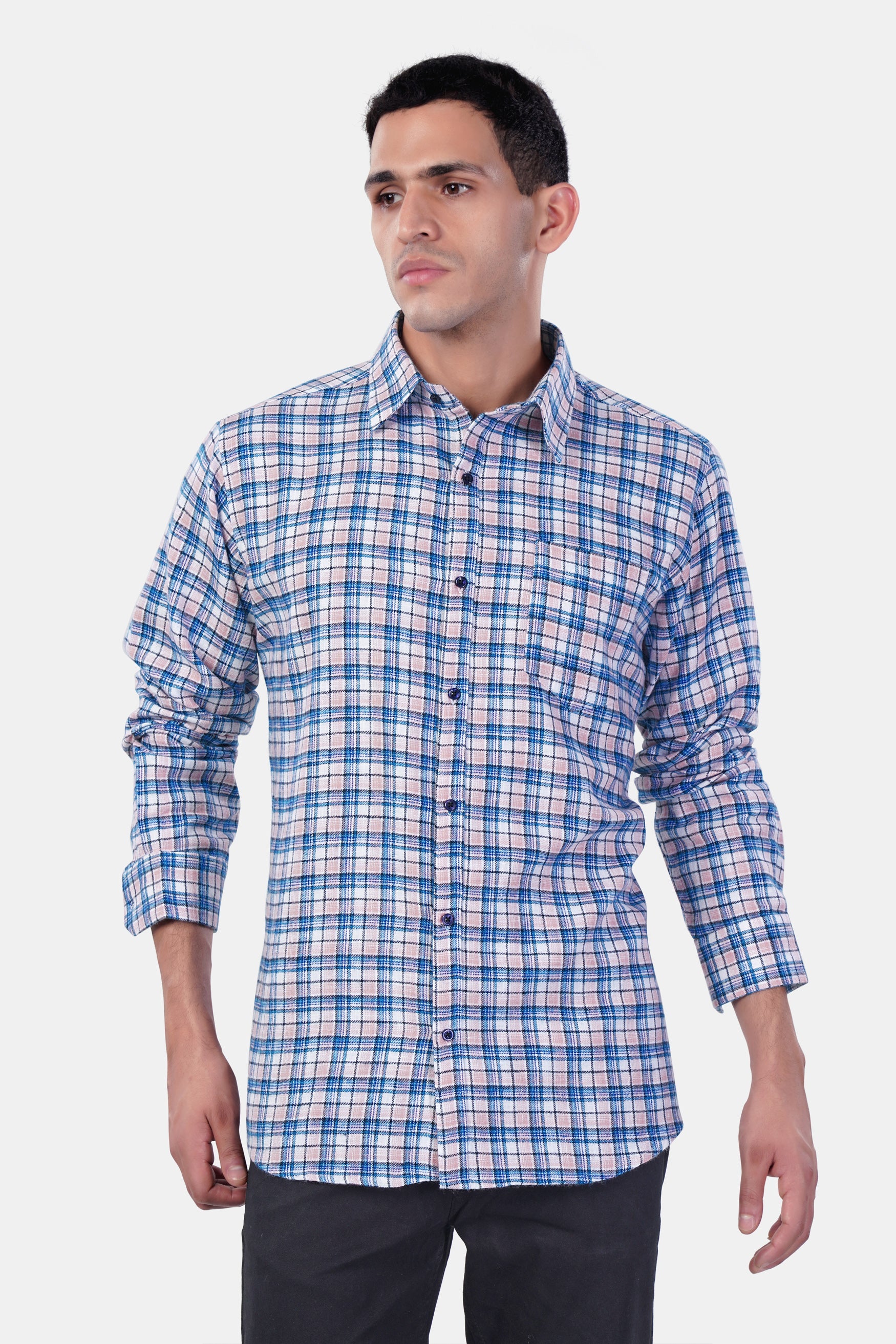 7swords-Danube Blue and Blossom Pink Checkered Premium Cotton Shirt