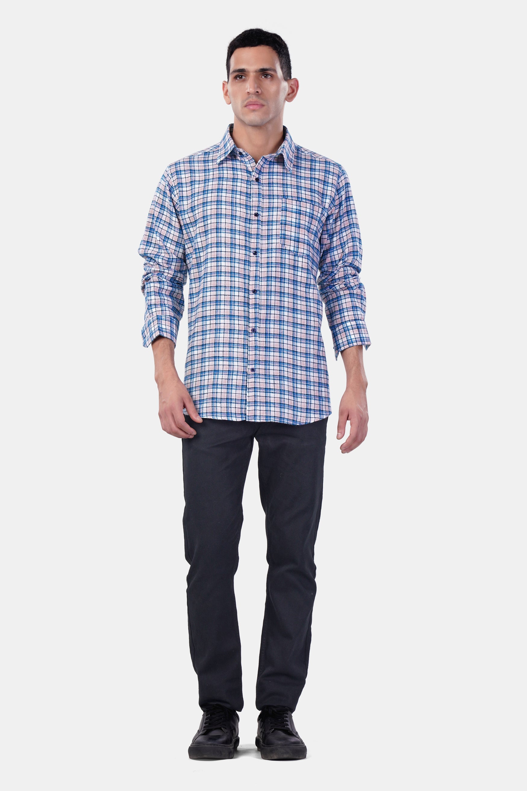 7swords-Danube Blue and Blossom Pink Checkered Premium Cotton Shirt