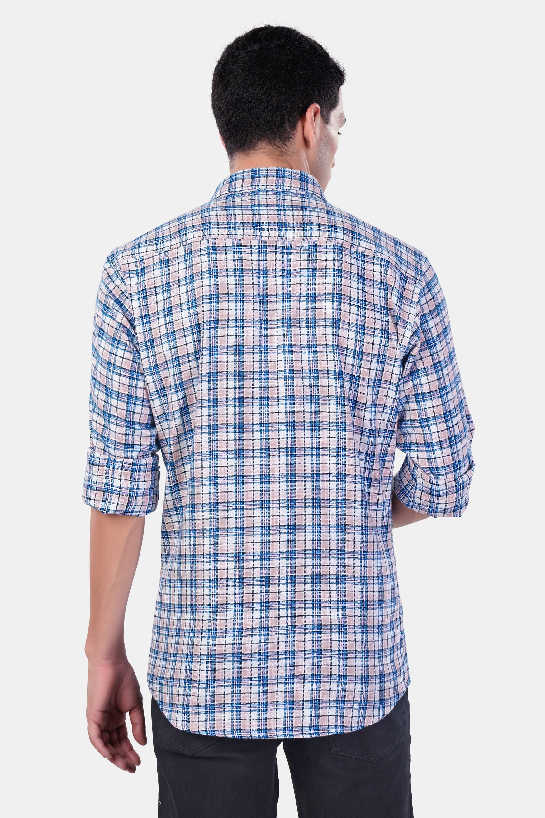 7swords-Danube Blue and Blossom Pink Checkered Premium Cotton Shirt