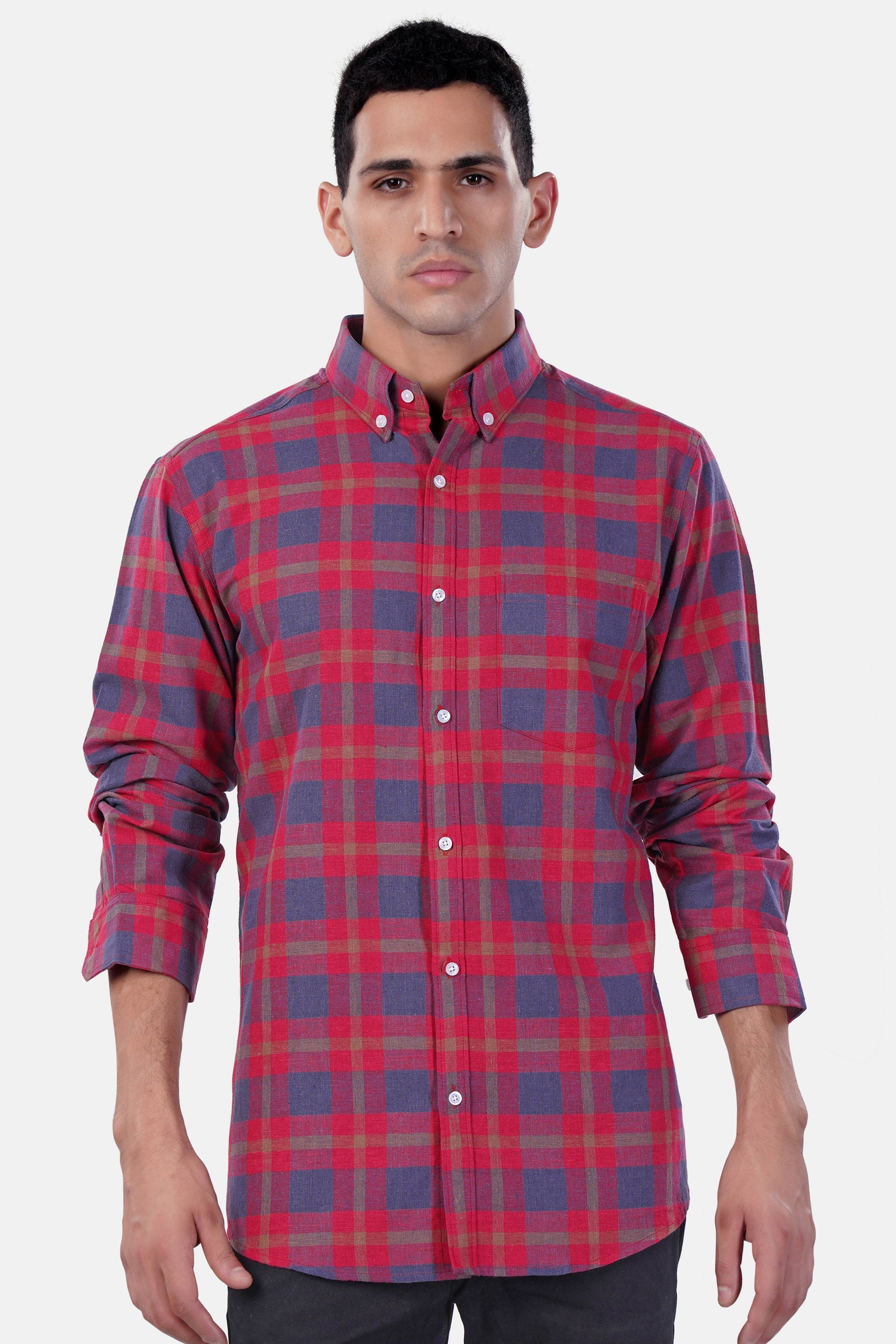 7swords-Falu Red and Pickled Blue Checkered Premium Cotton Button Down Shirt