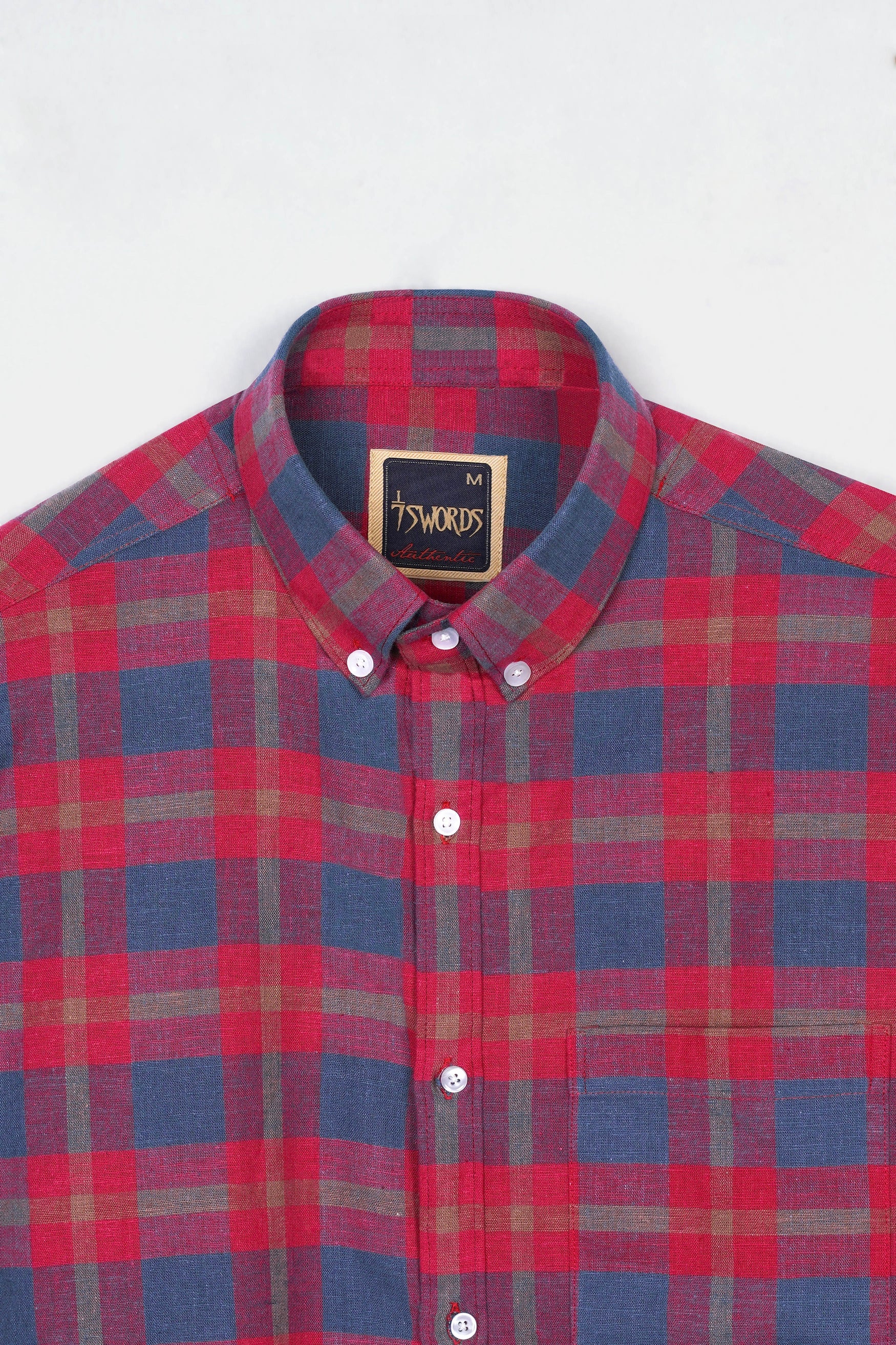 7swords-Falu Red and Pickled Blue Checkered Premium Cotton Button Down Shirt