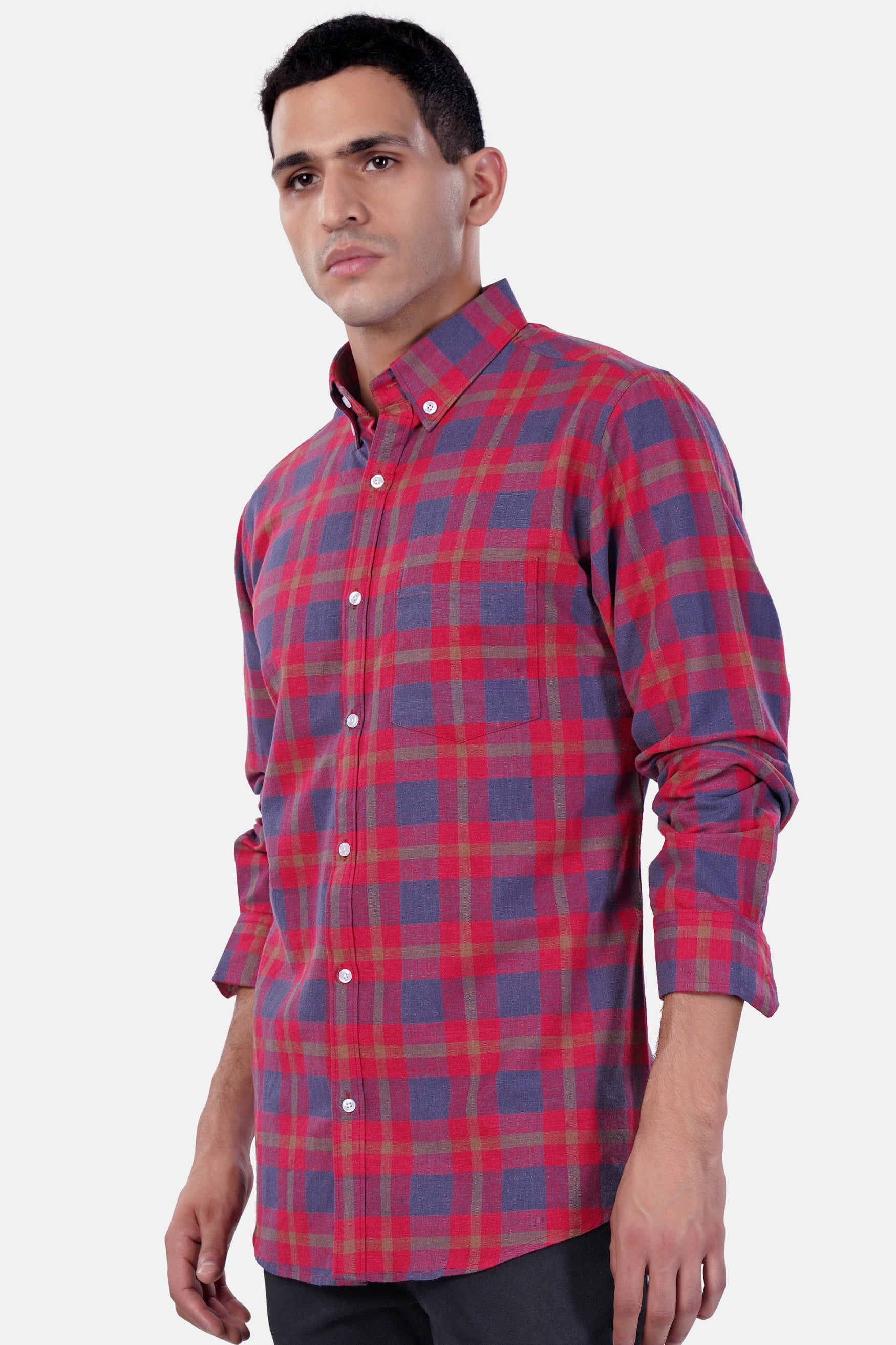 7swords-Falu Red and Pickled Blue Checkered Premium Cotton Button Down Shirt