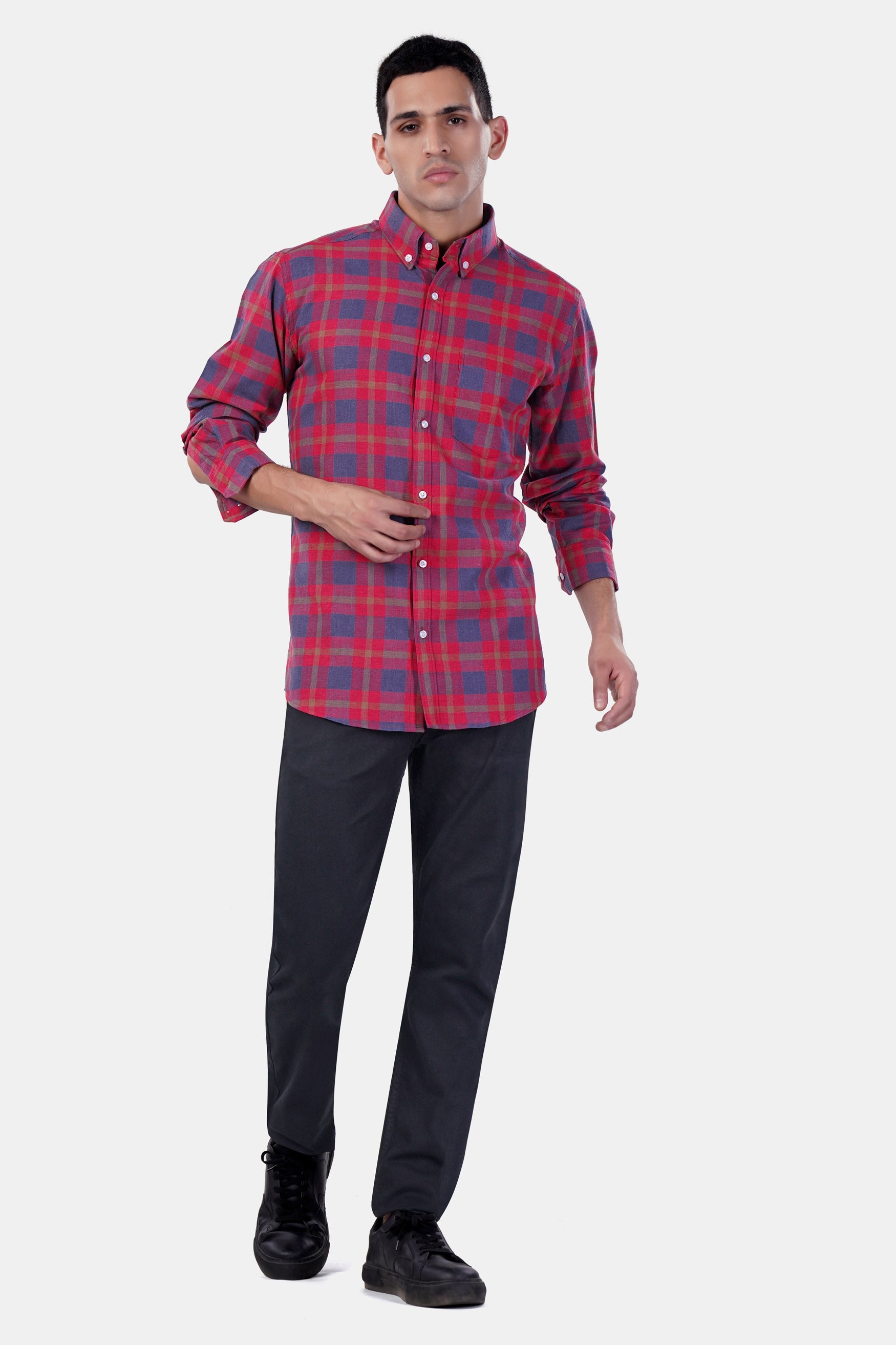 7swords-Falu Red and Pickled Blue Checkered Premium Cotton Button Down Shirt