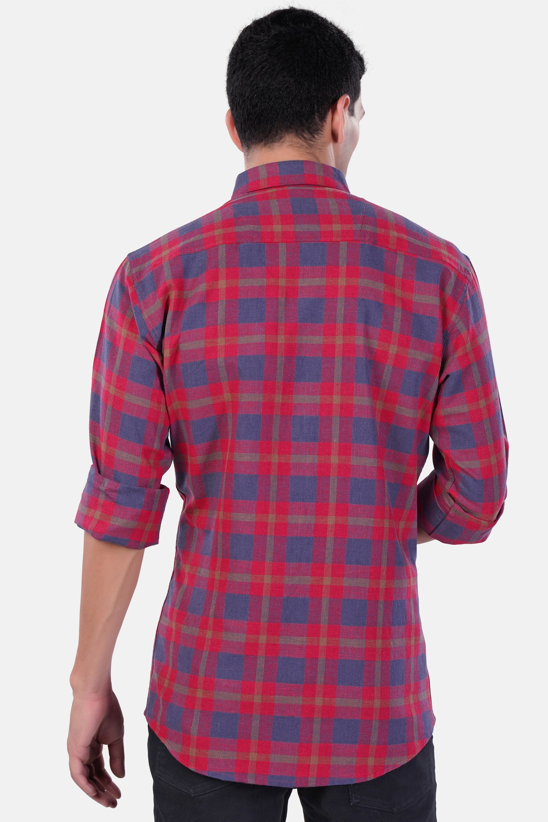 7swords-Falu Red and Pickled Blue Checkered Premium Cotton Button Down Shirt