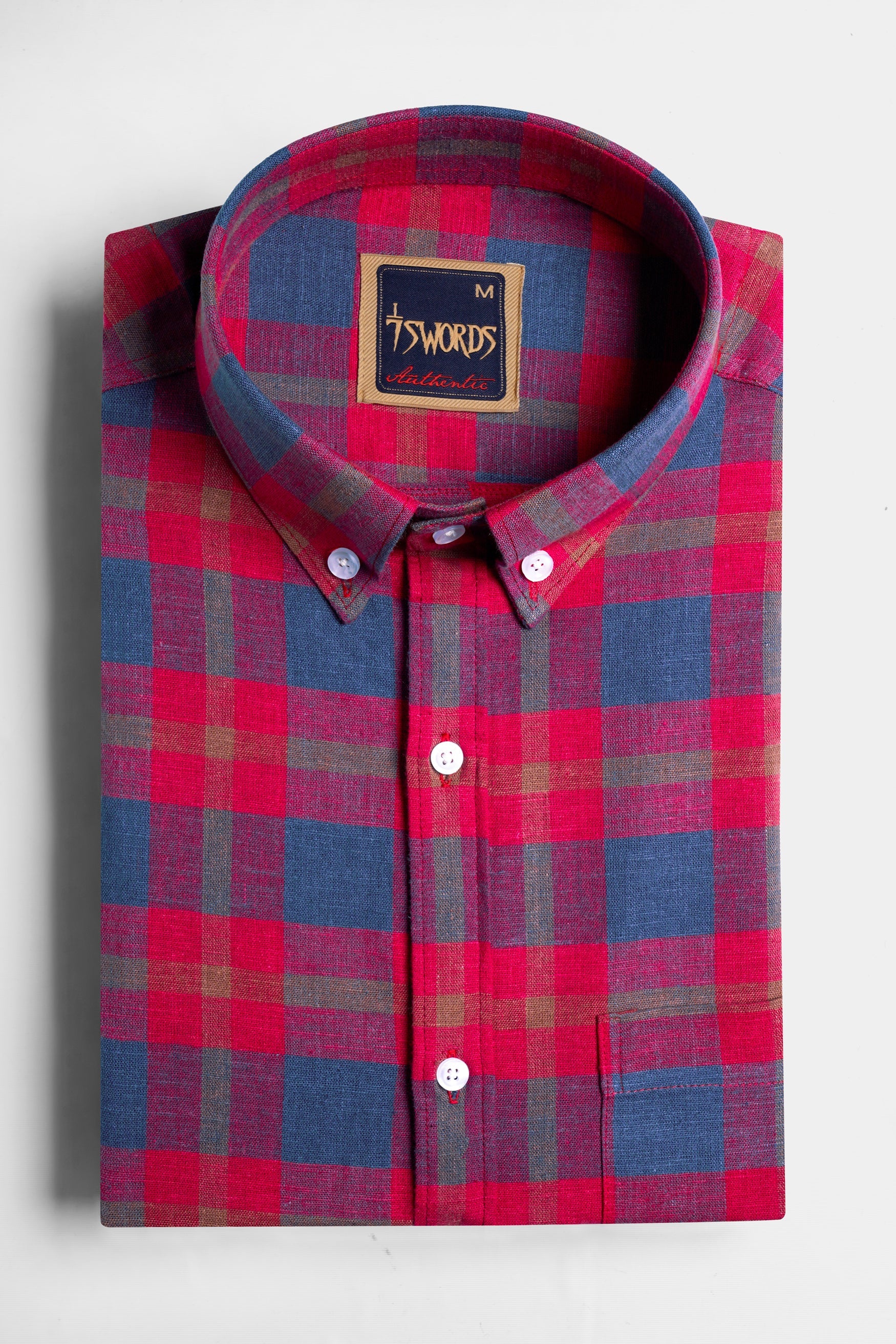 7swords-Falu Red and Pickled Blue Checkered Premium Cotton Button Down Shirt