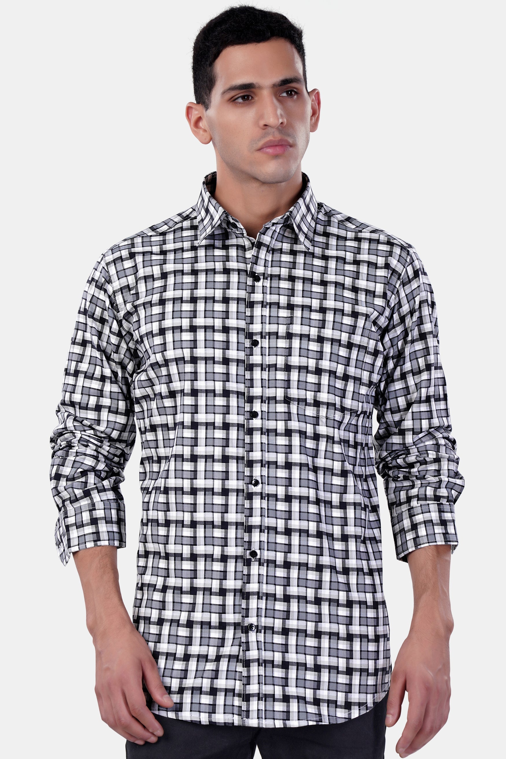 7swords-Davy Gray with Cinder Gray and White Checkered Premium Cotton Shirt