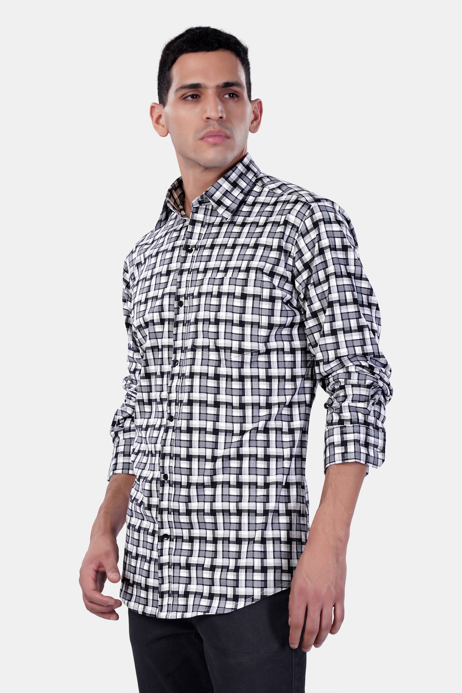 7swords-Davy Gray with Cinder Gray and White Checkered Premium Cotton Shirt