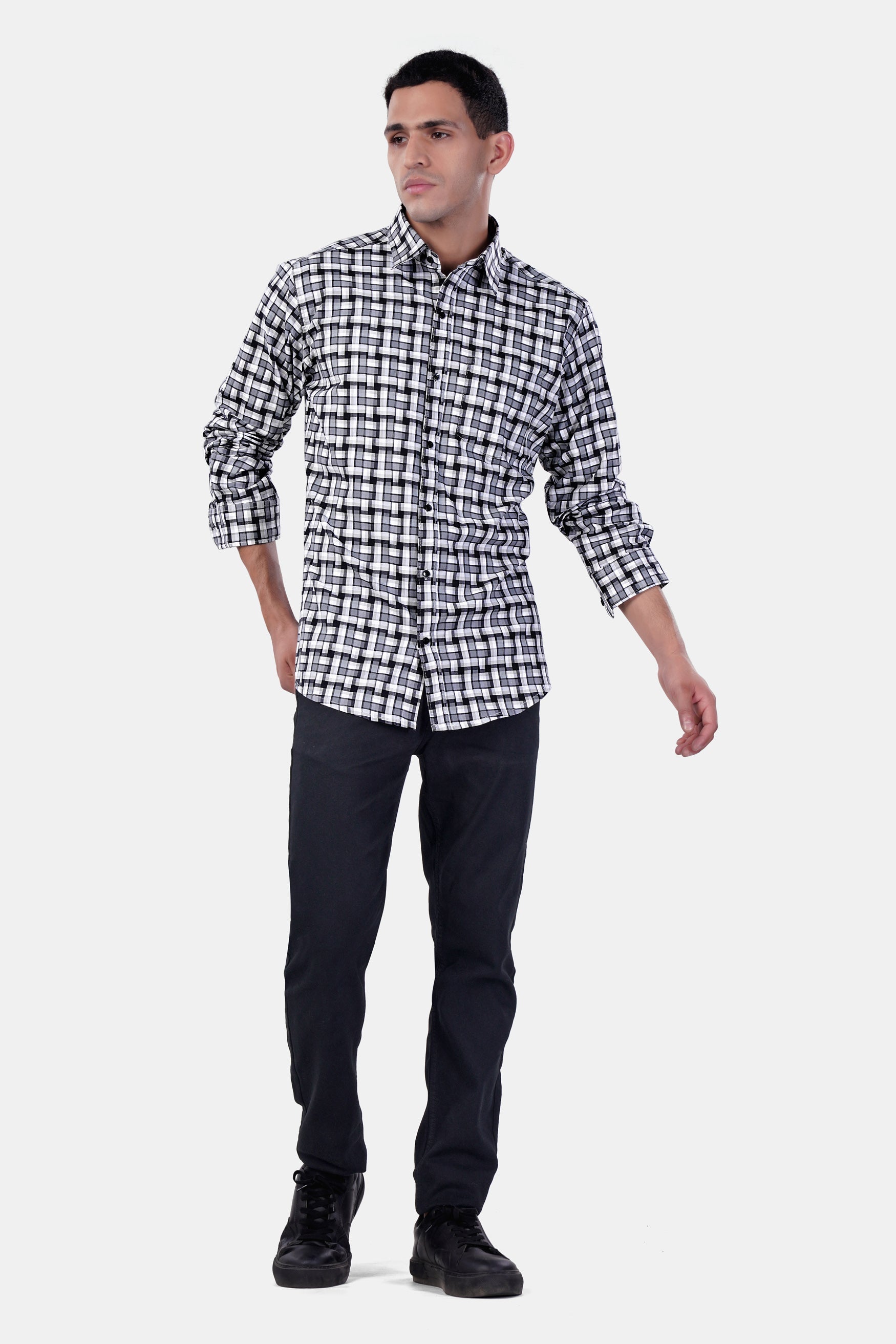 7swords-Davy Gray with Cinder Gray and White Checkered Premium Cotton Shirt