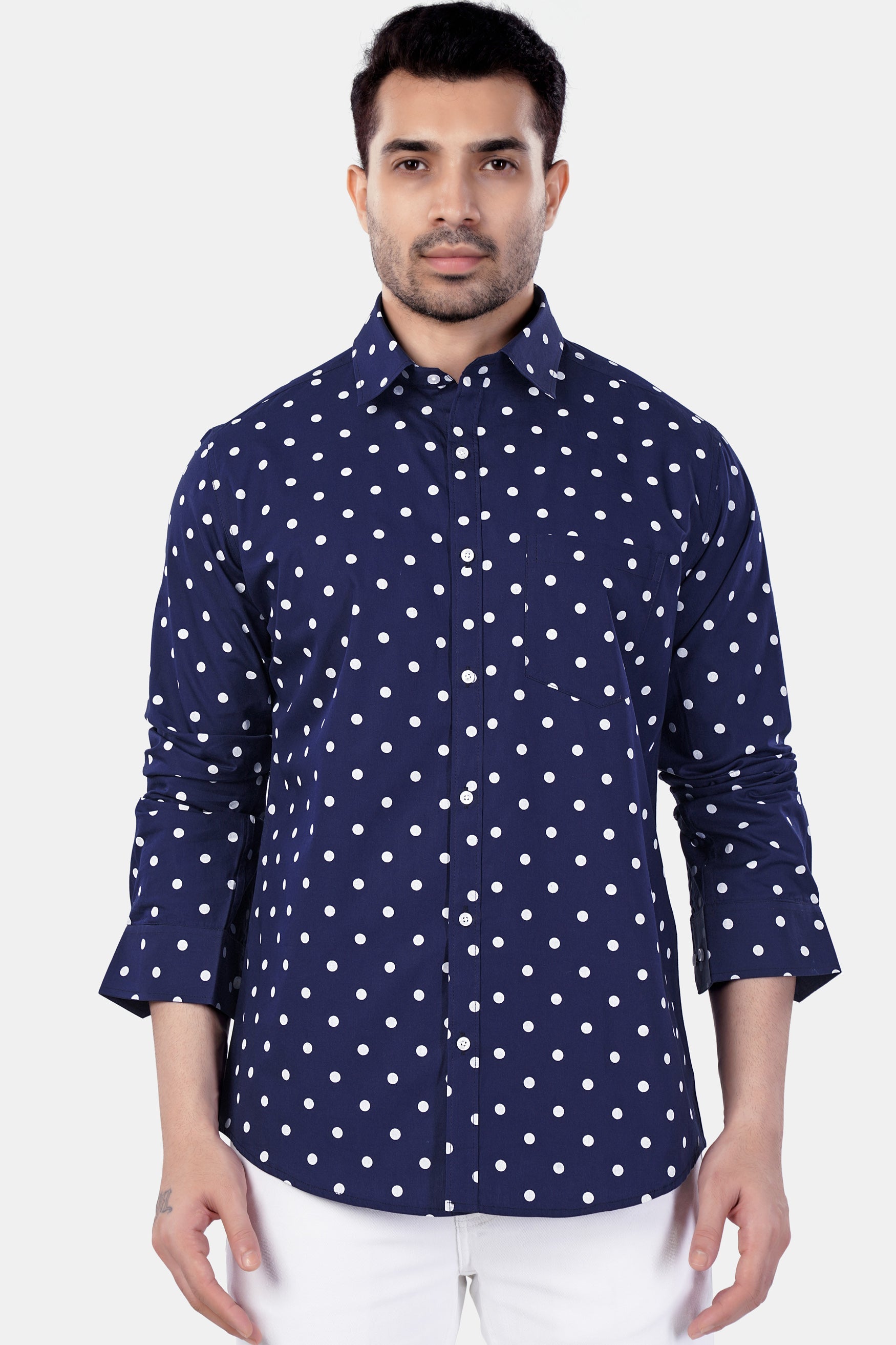 7swords-Haiti Blue and White Polka Dotted Premium Cotton Shirt