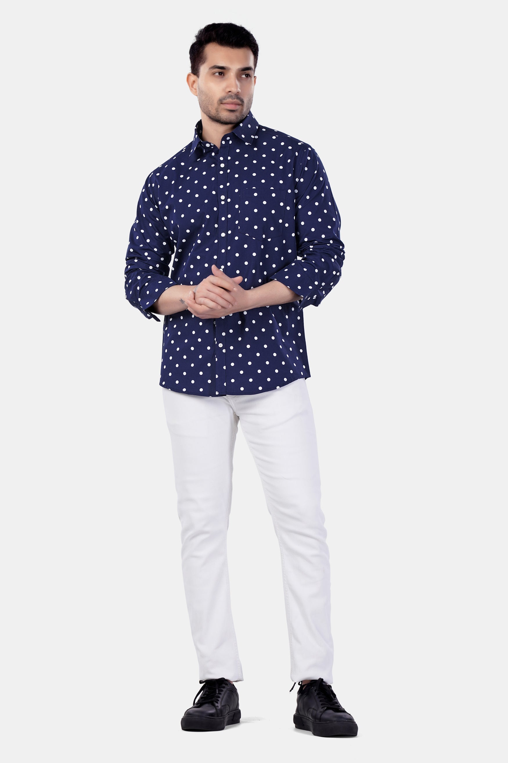 7swords-Haiti Blue and White Polka Dotted Premium Cotton Shirt