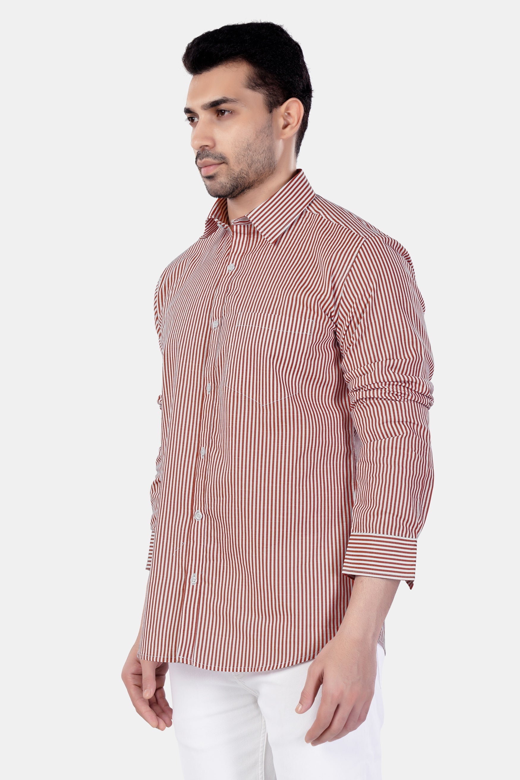 7swords-Blush Brown and Bright White Striped Premium Cotton Shirt