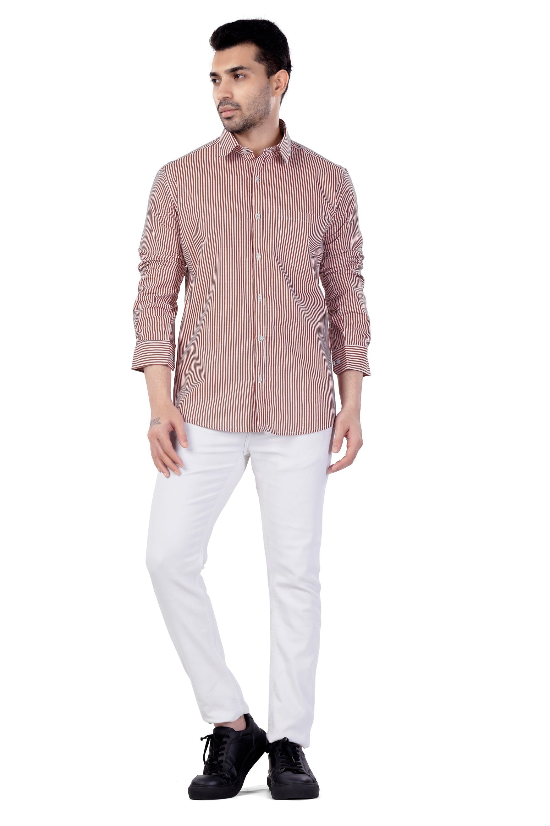 7swords-Blush Brown and Bright White Striped Premium Cotton Shirt