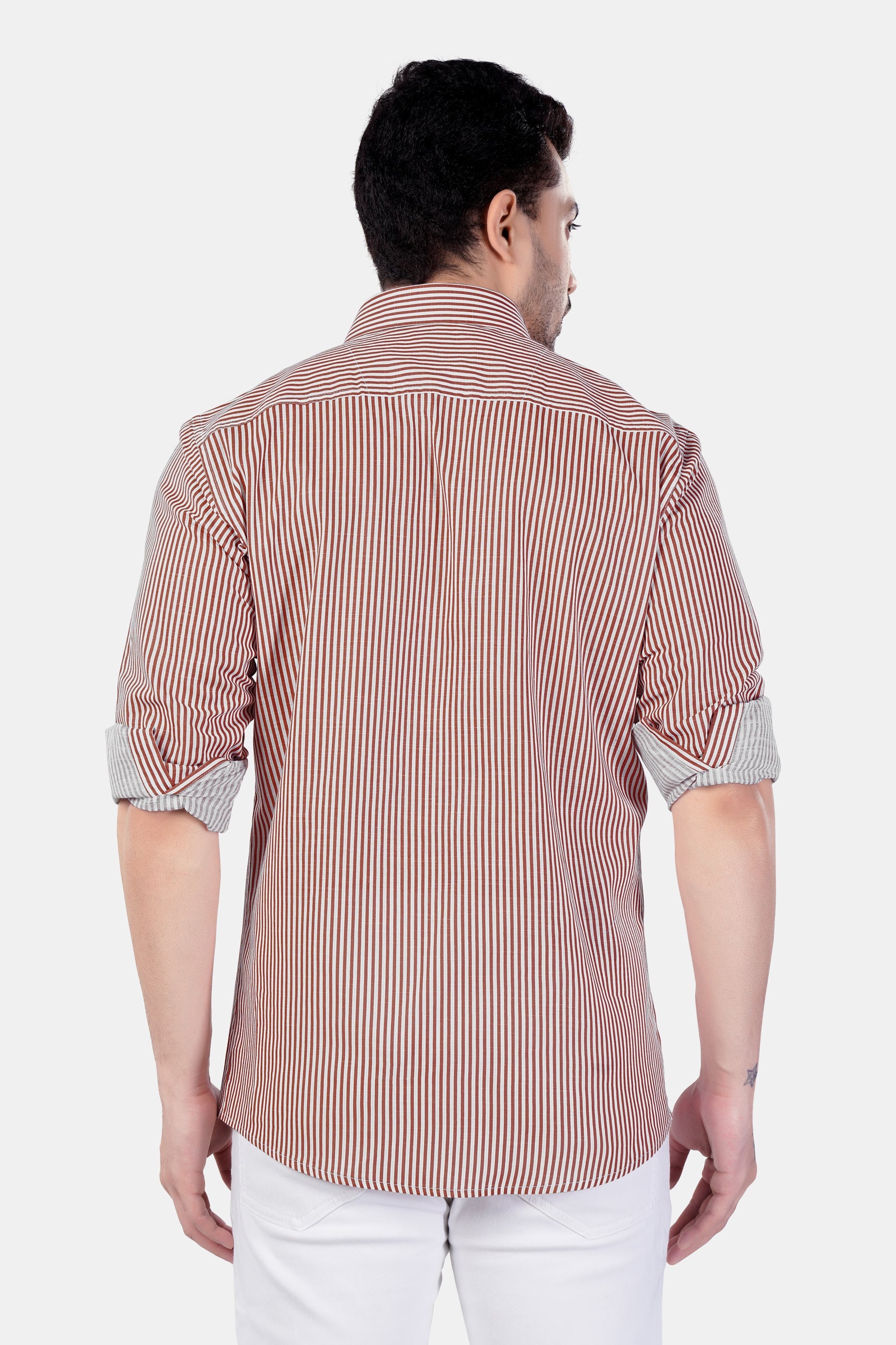 7swords-Blush Brown and Bright White Striped Premium Cotton Shirt