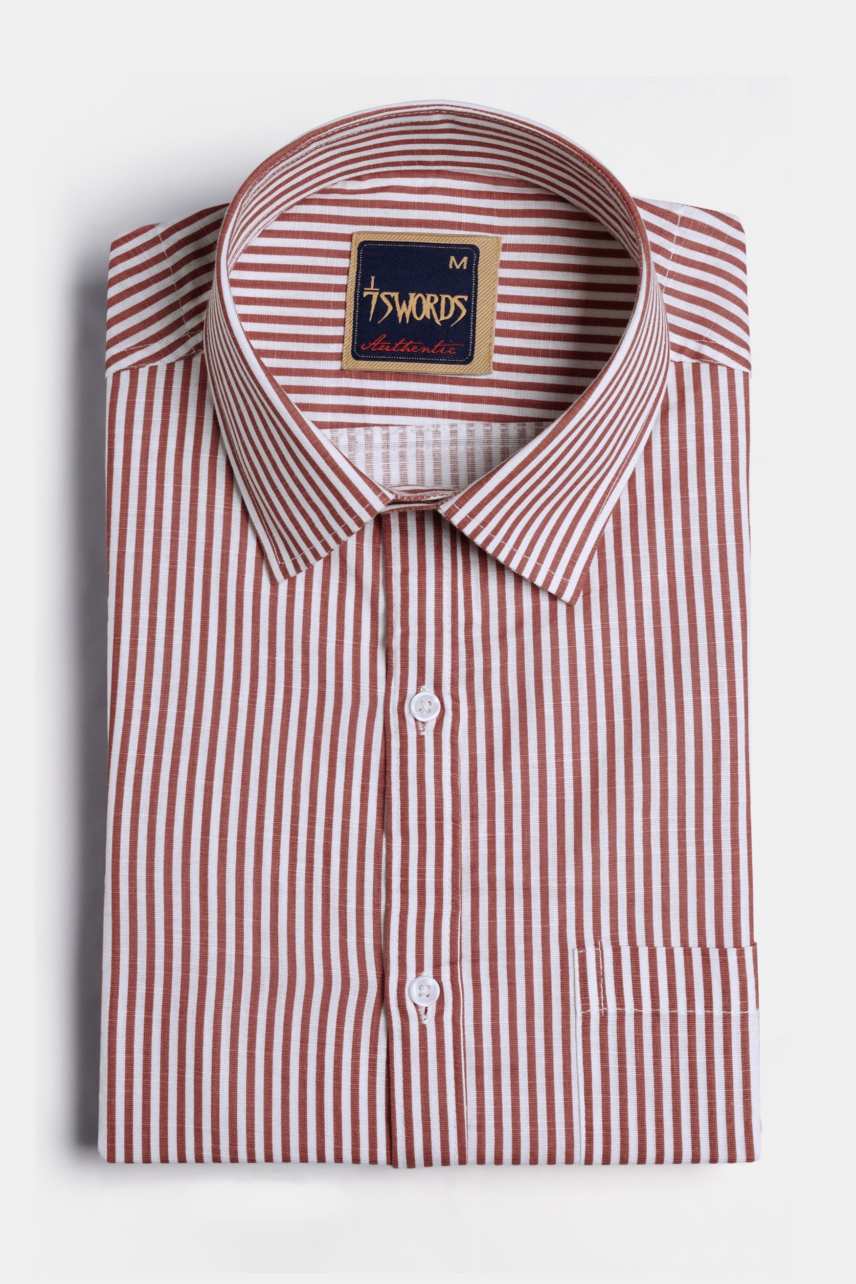 7swords-Blush Brown and Bright White Striped Premium Cotton Shirt