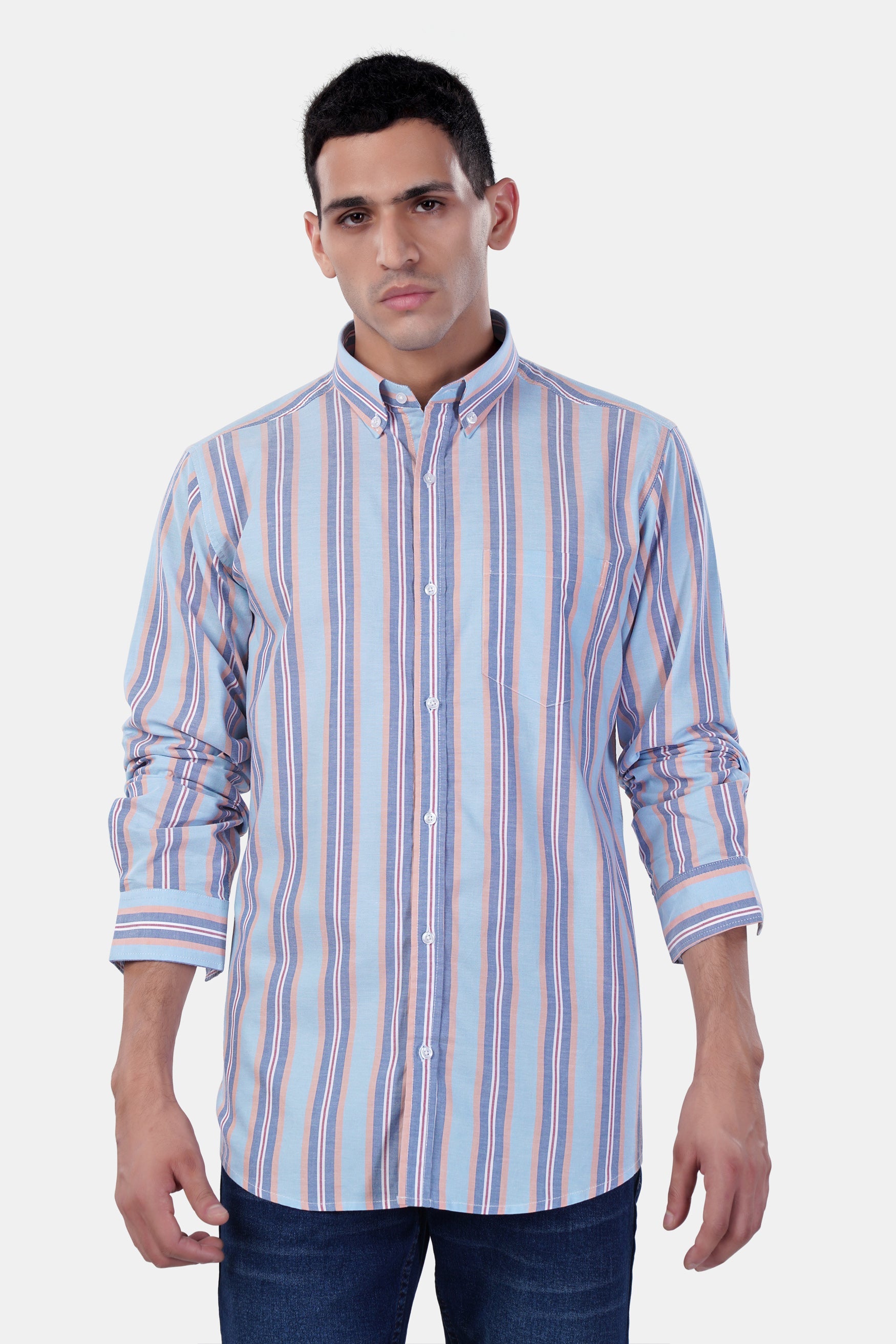 7swords-Periwinkle Blue and Tonys Brown Multicolour Striped Premium Cotton Shirt