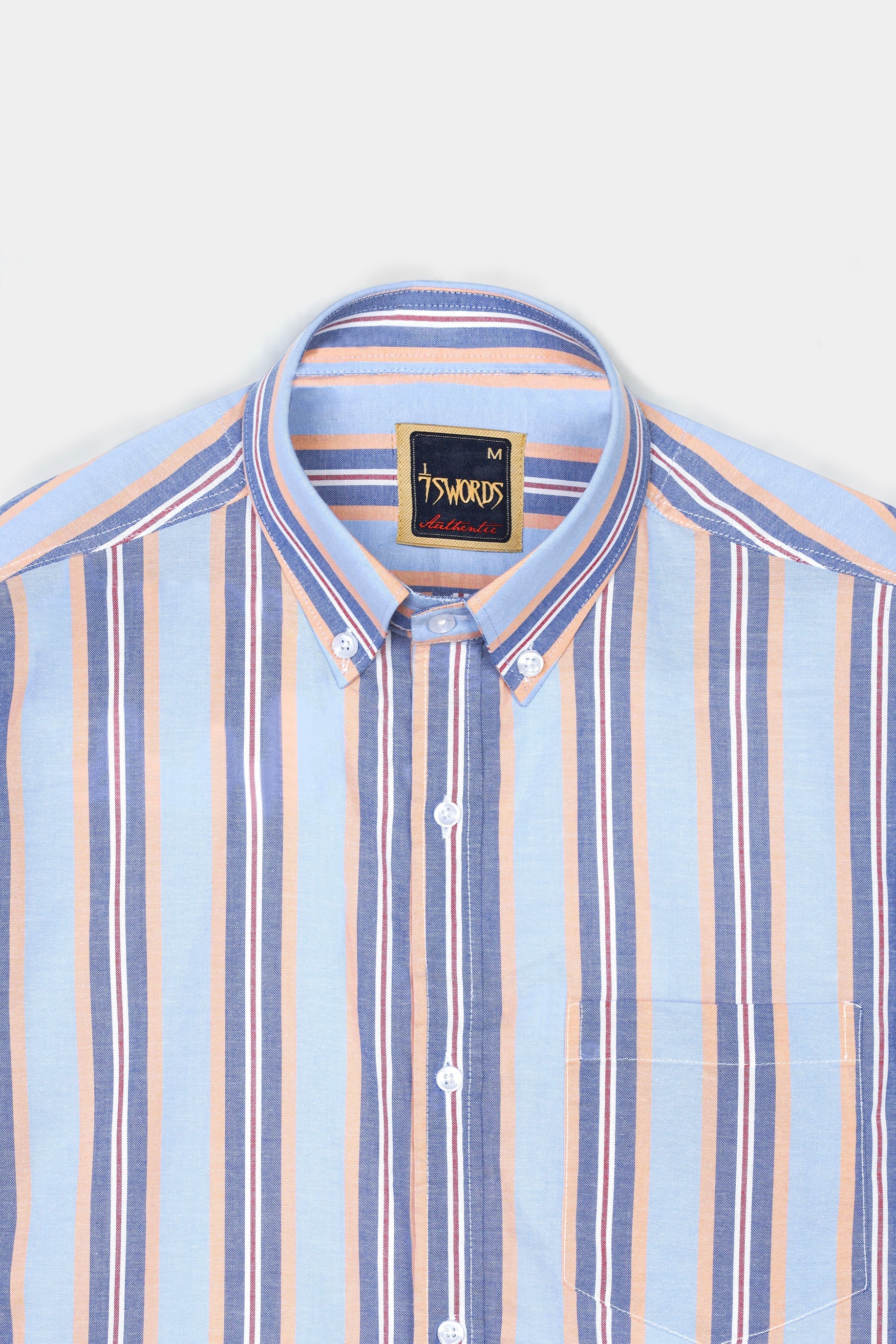 7swords-Periwinkle Blue and Tonys Brown Multicolour Striped Premium Cotton Shirt