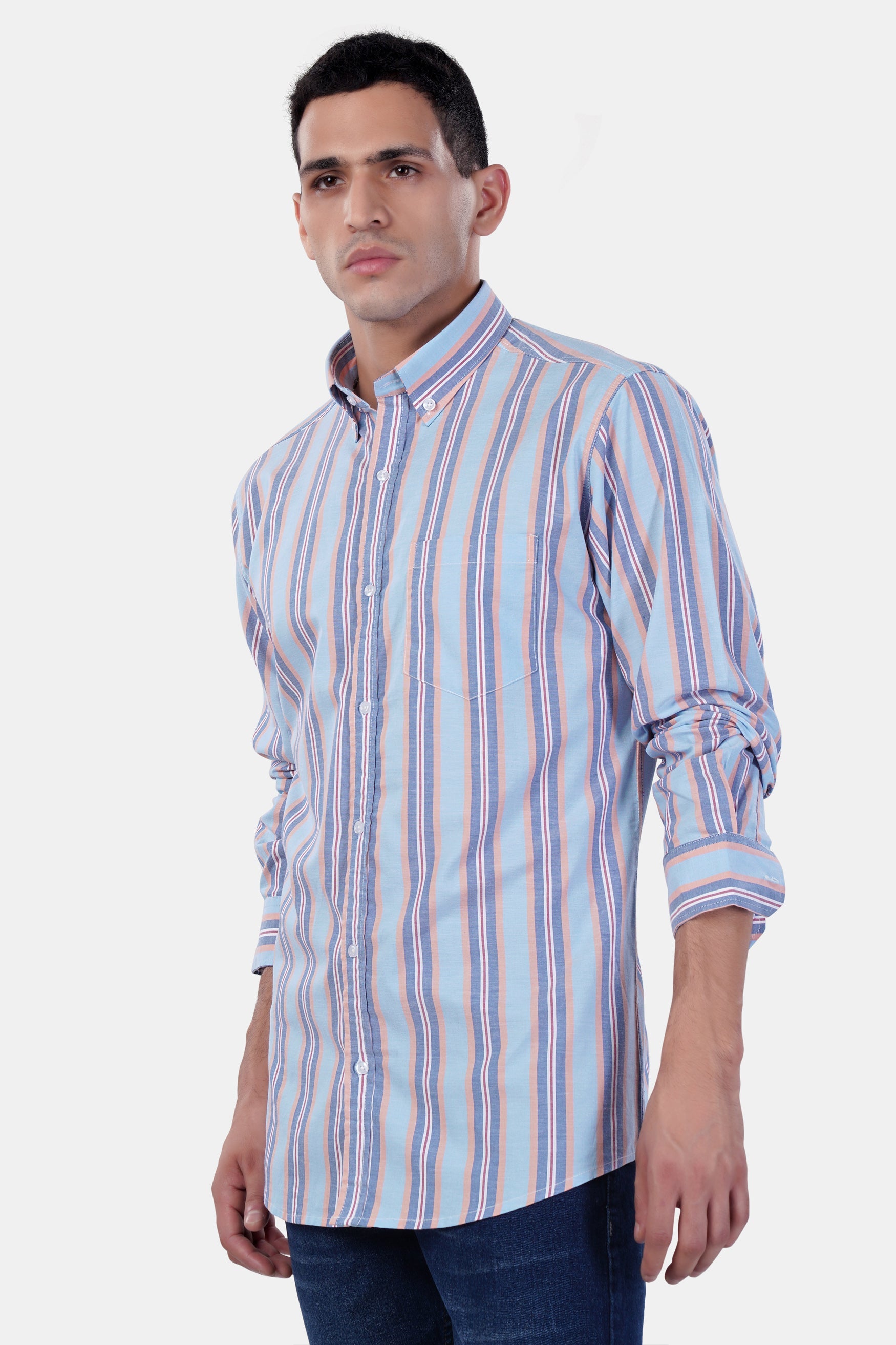 7swords-Periwinkle Blue and Tonys Brown Multicolour Striped Premium Cotton Shirt