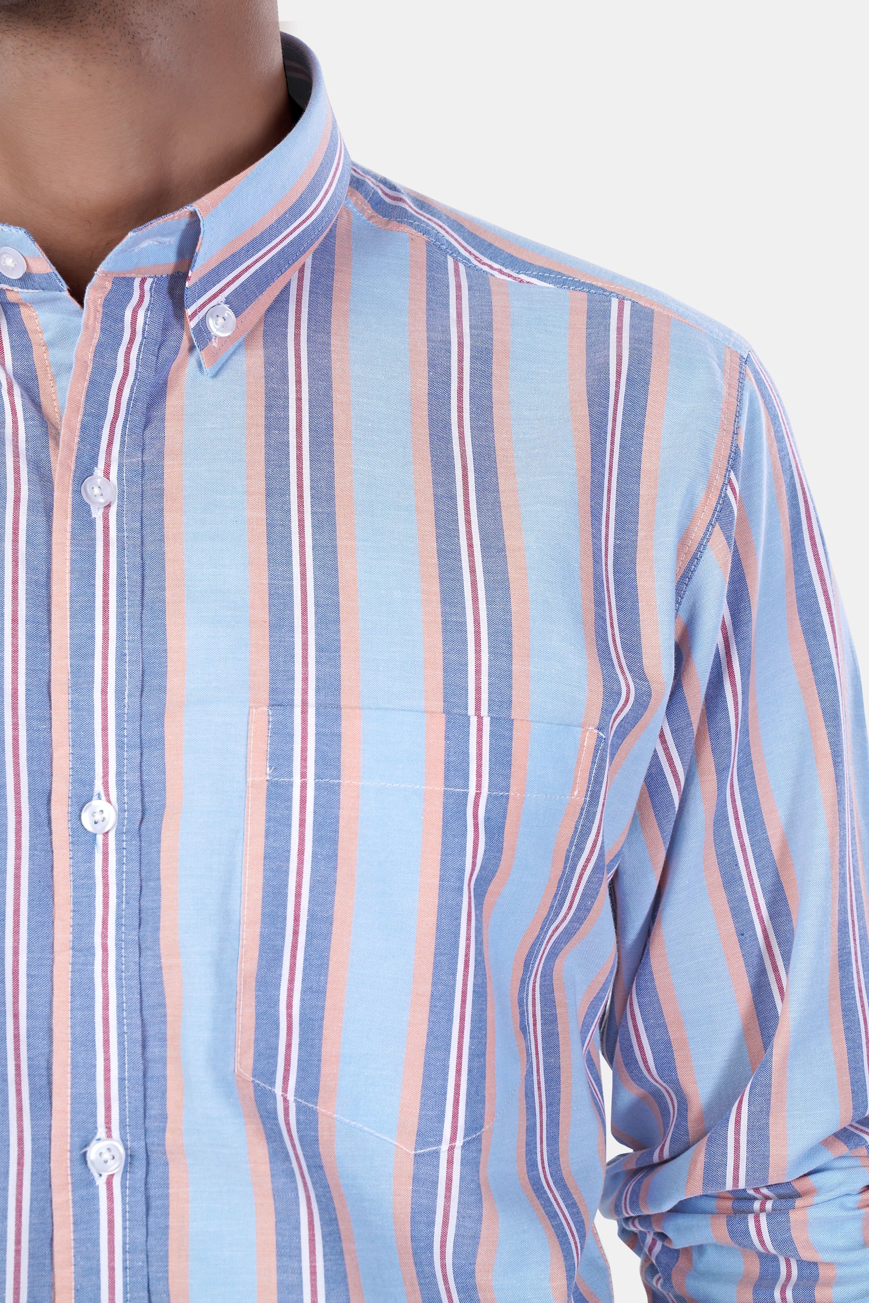 7swords-Periwinkle Blue and Tonys Brown Multicolour Striped Premium Cotton Shirt