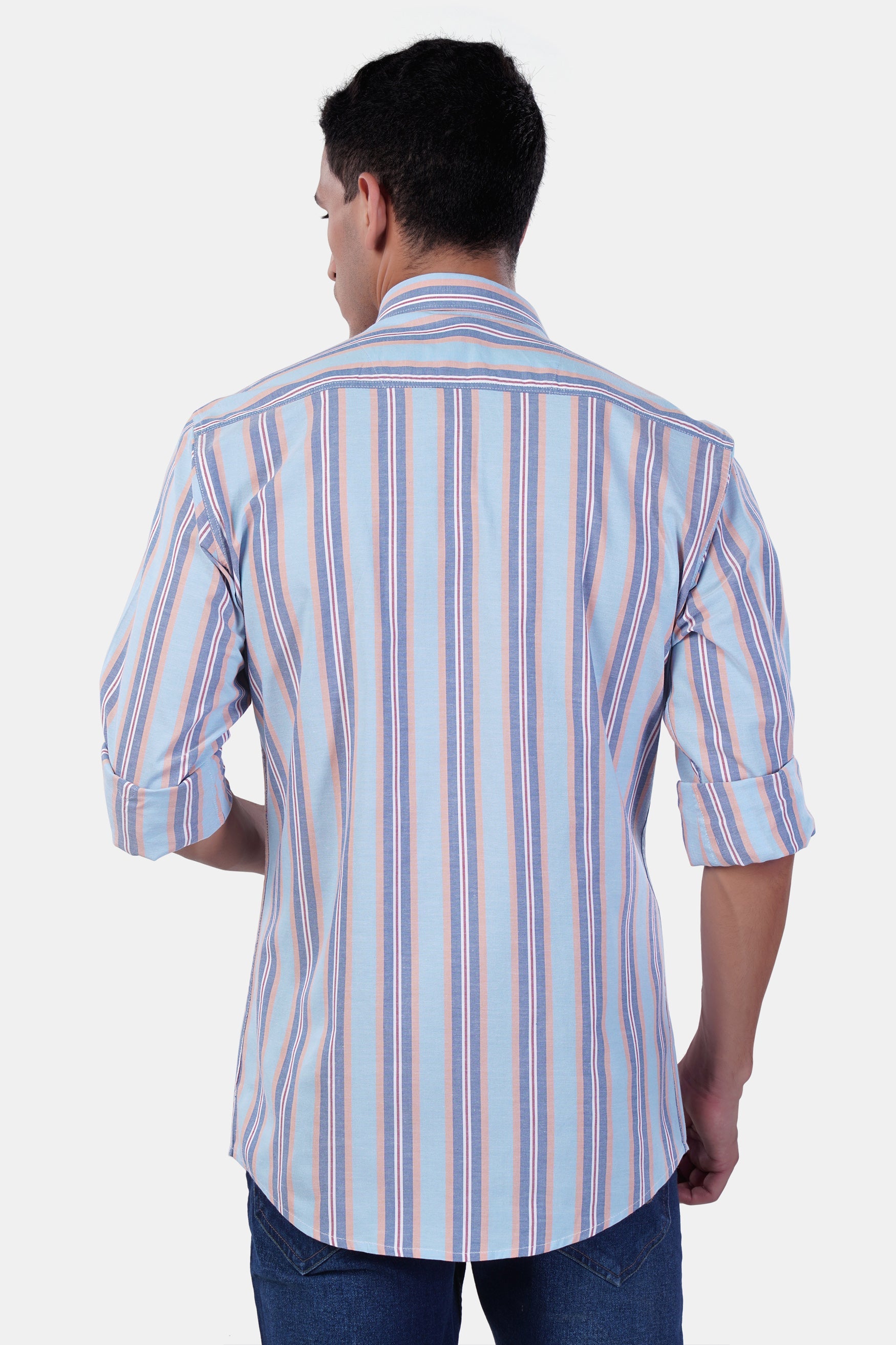 7swords-Periwinkle Blue and Tonys Brown Multicolour Striped Premium Cotton Shirt