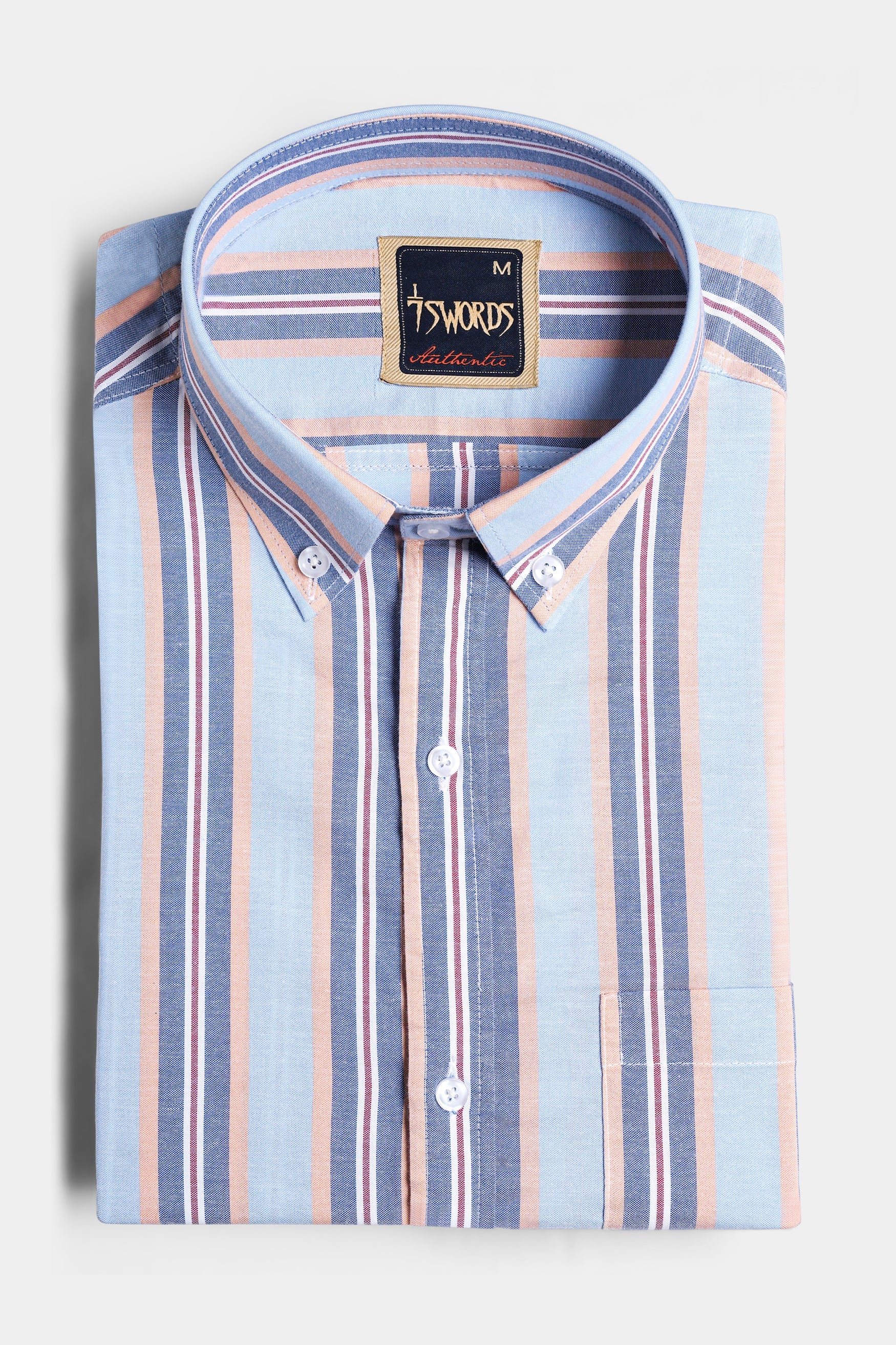 7swords-Periwinkle Blue and Tonys Brown Multicolour Striped Premium Cotton Shirt