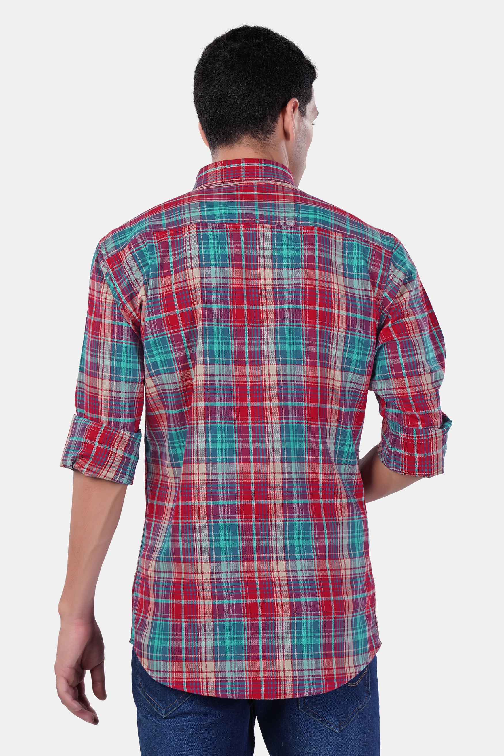 7swords-Scarlet Red and Bondi Blue Multicolor Plaid Premium Cotton Shirt