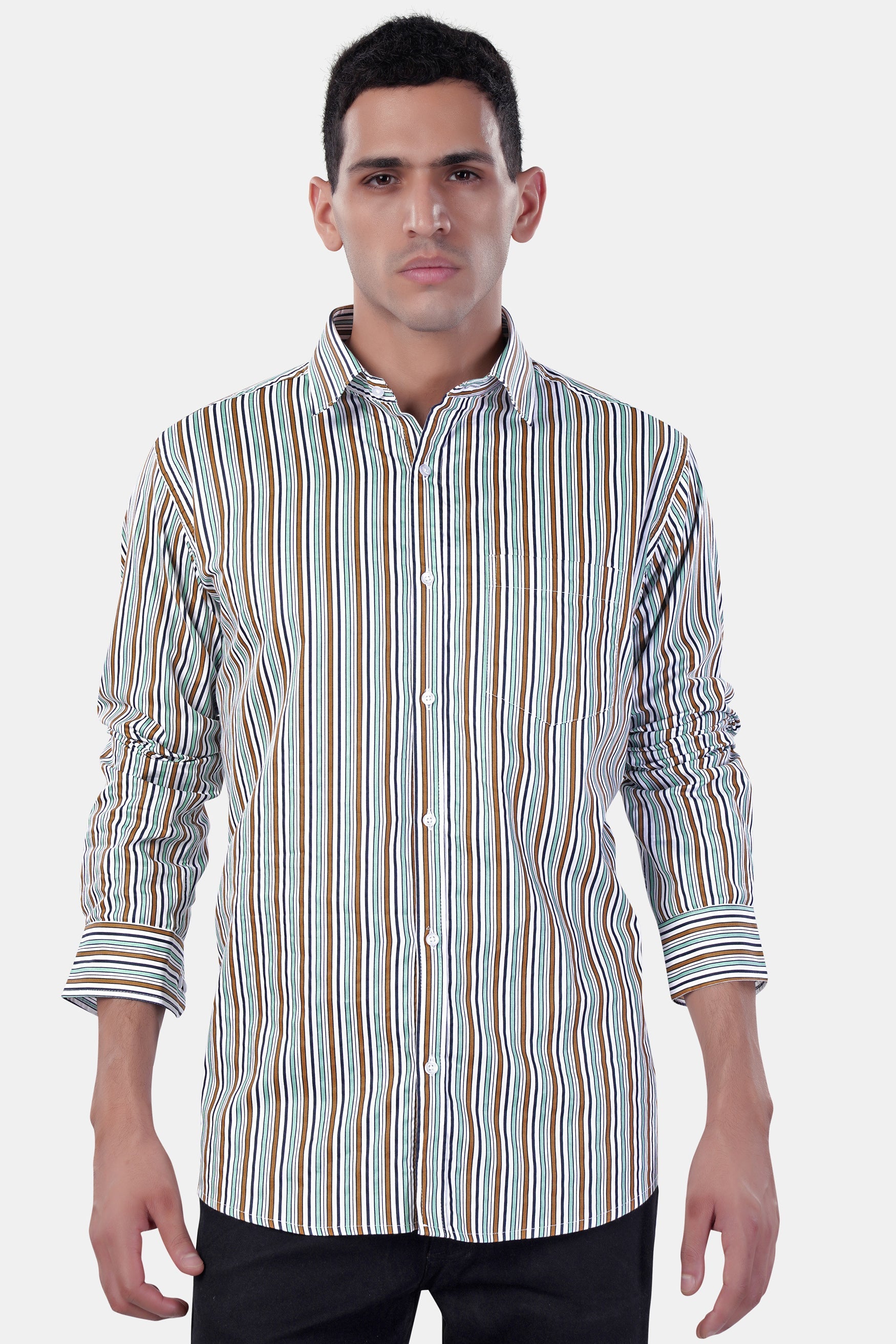 7swords-Bright White and Mocha Brown Multicolour Striped Premium Cotton Shirt