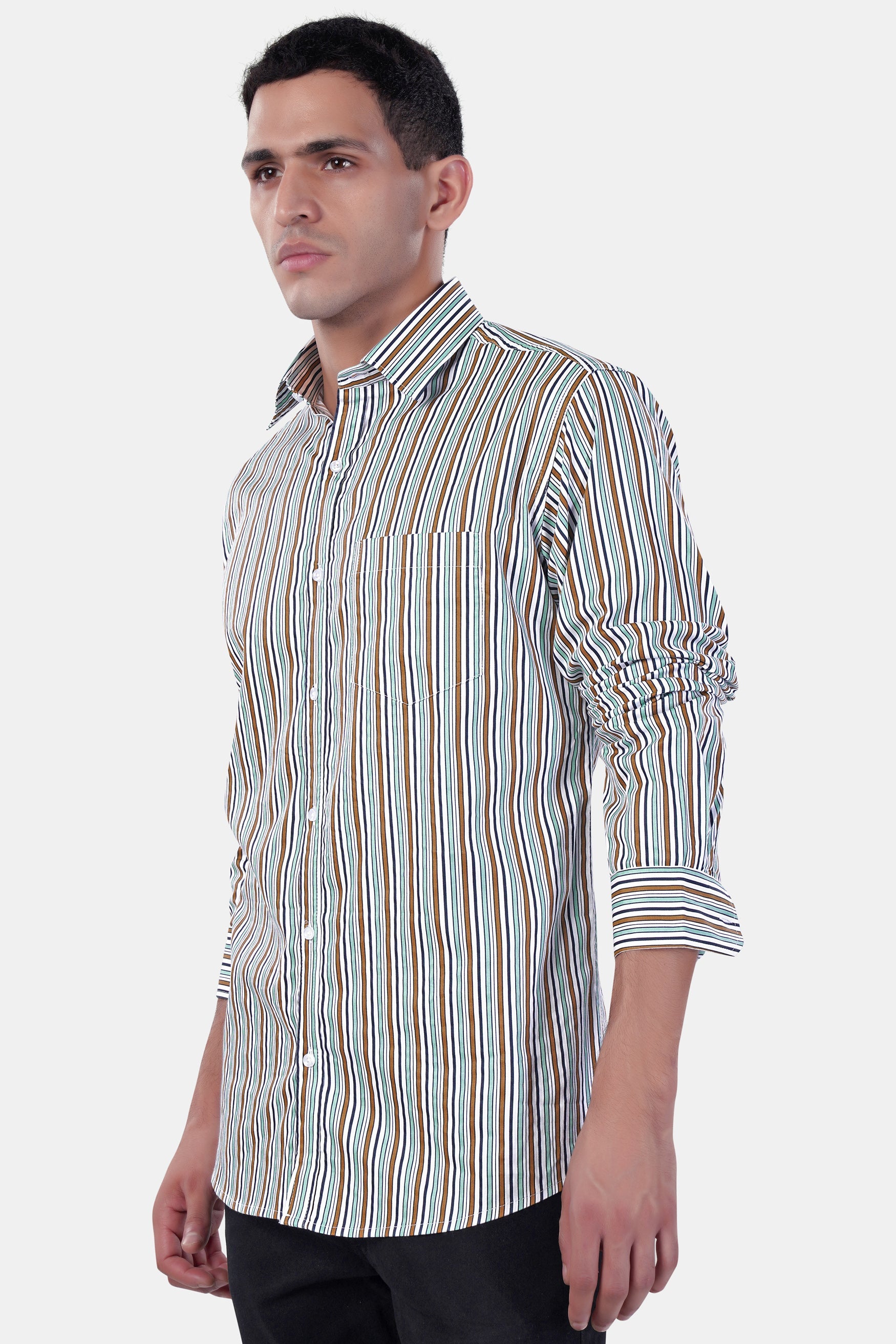 7swords-Bright White and Mocha Brown Multicolour Striped Premium Cotton Shirt