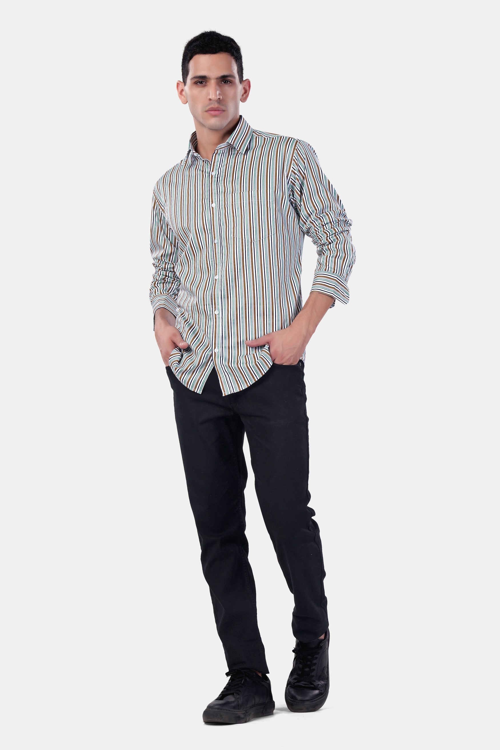 7swords-Bright White and Mocha Brown Multicolour Striped Premium Cotton Shirt