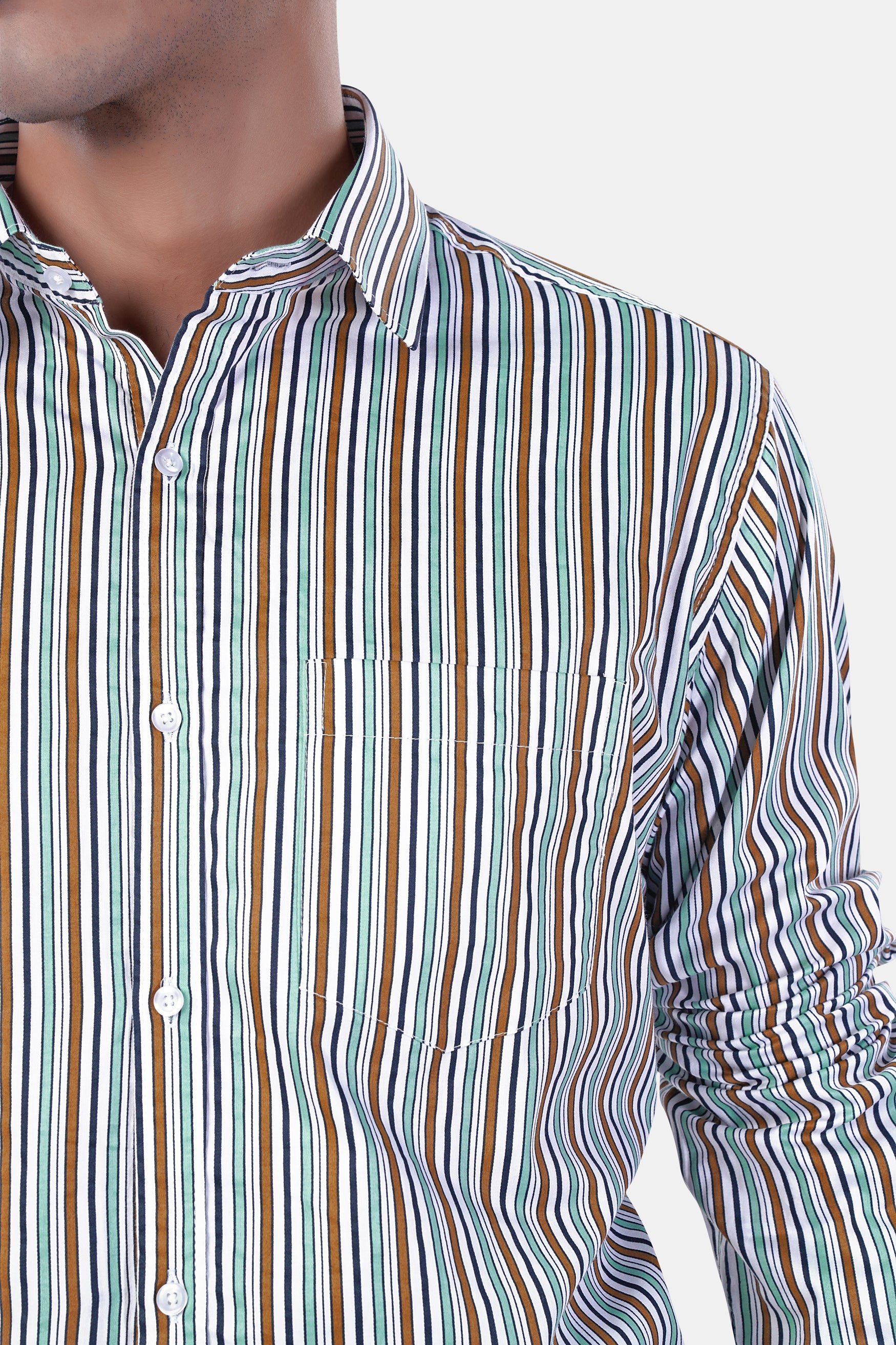 7swords-Bright White and Mocha Brown Multicolour Striped Premium Cotton Shirt