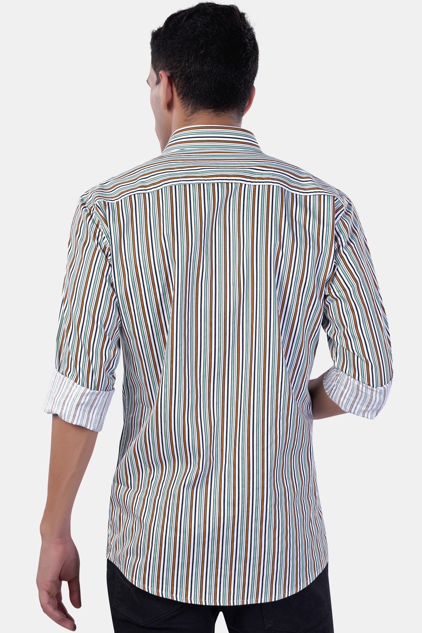 7swords-Bright White and Mocha Brown Multicolour Striped Premium Cotton Shirt