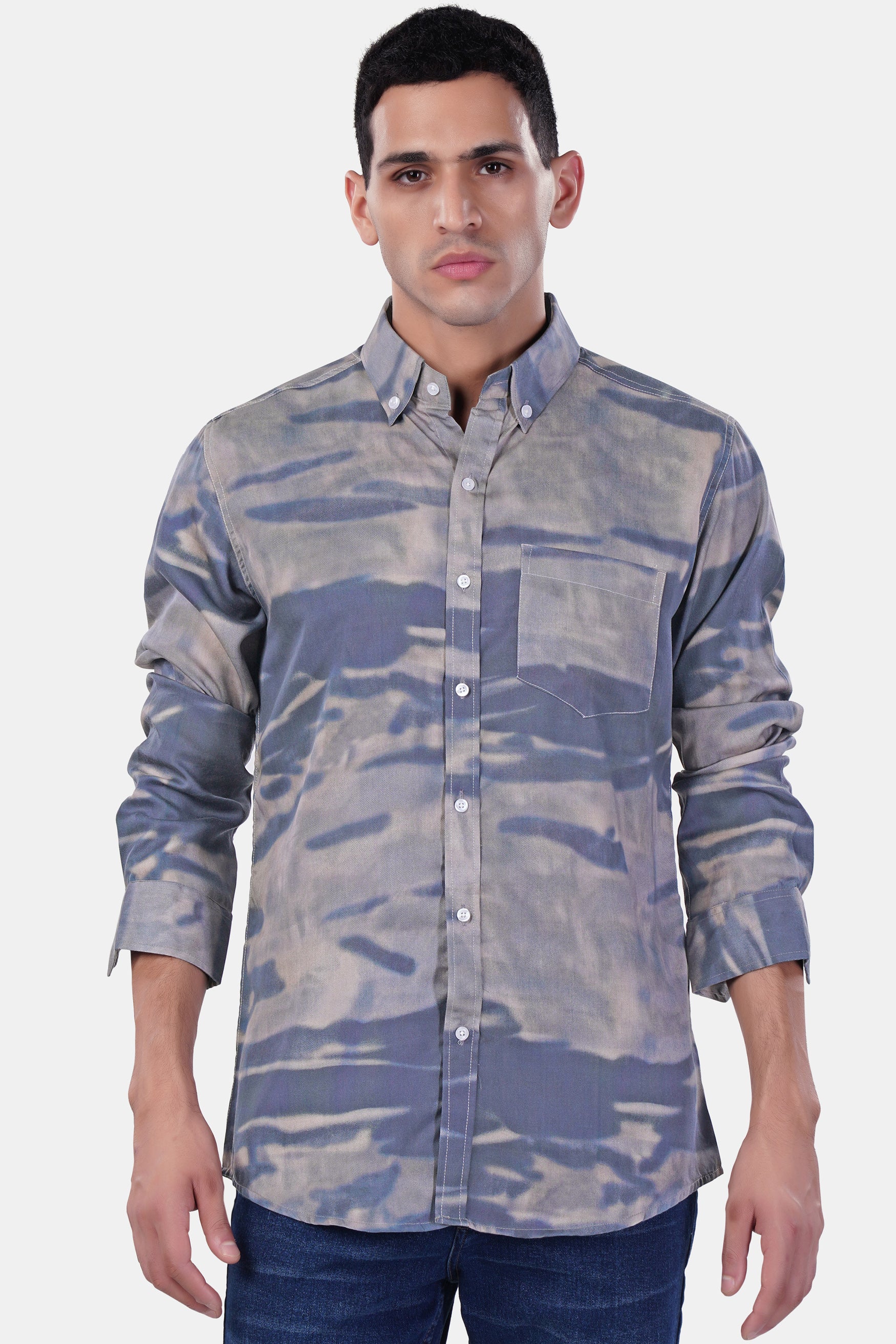 7swords-Mobster Gray and Logan Gray Tie-Dye Printed Premium Cotton Shirt