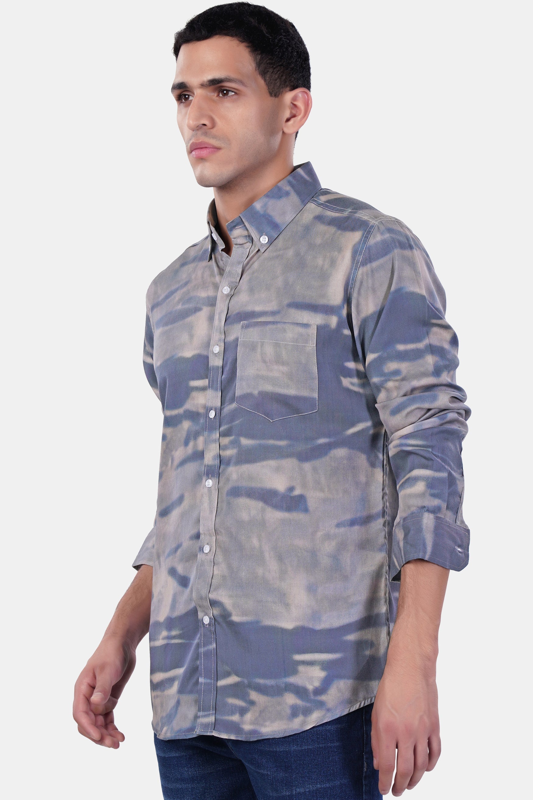 7swords-Mobster Gray and Logan Gray Tie-Dye Printed Premium Cotton Shirt