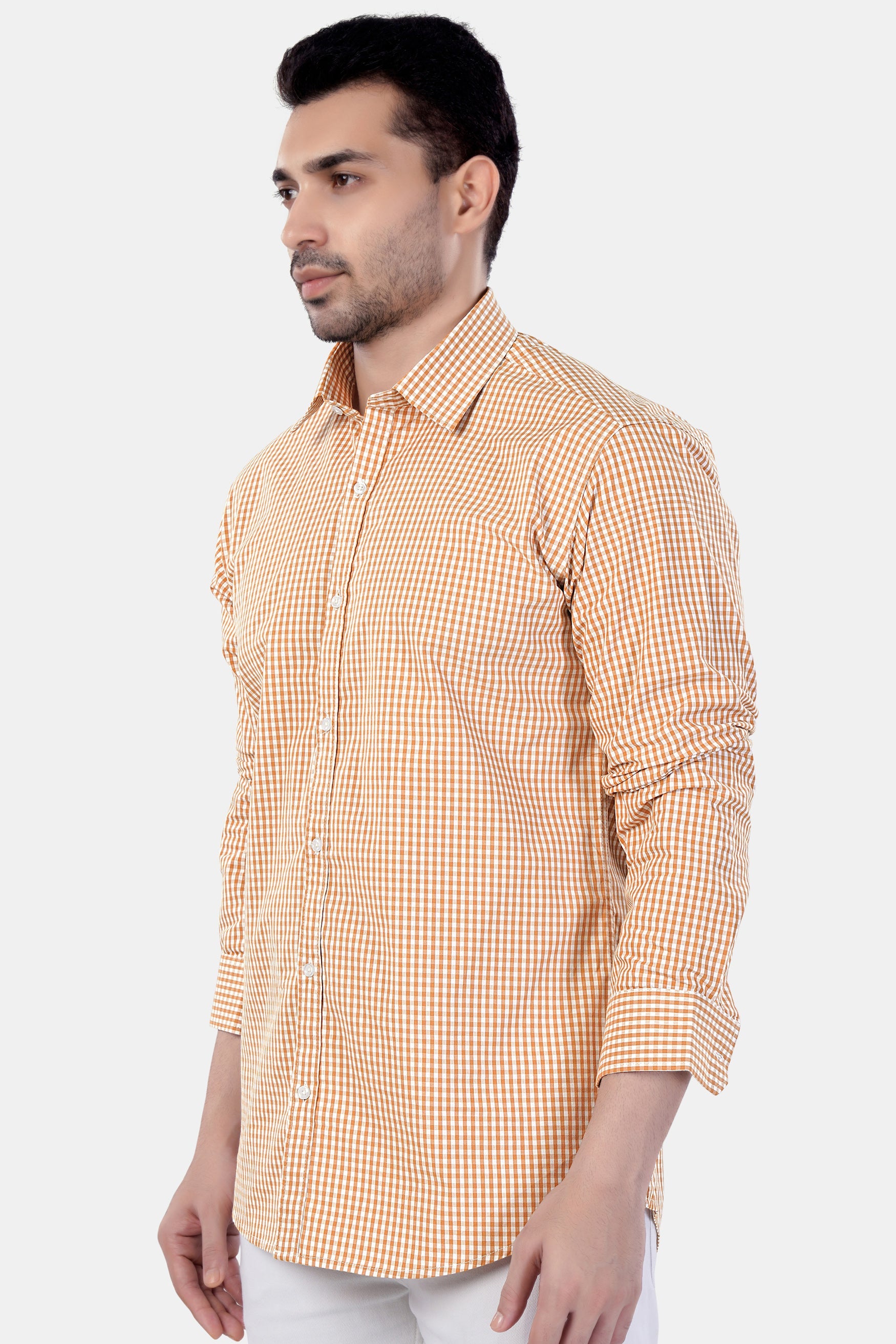 7swords-Jasper Orange and White Gingham Checkered Premium Cotton Shirt