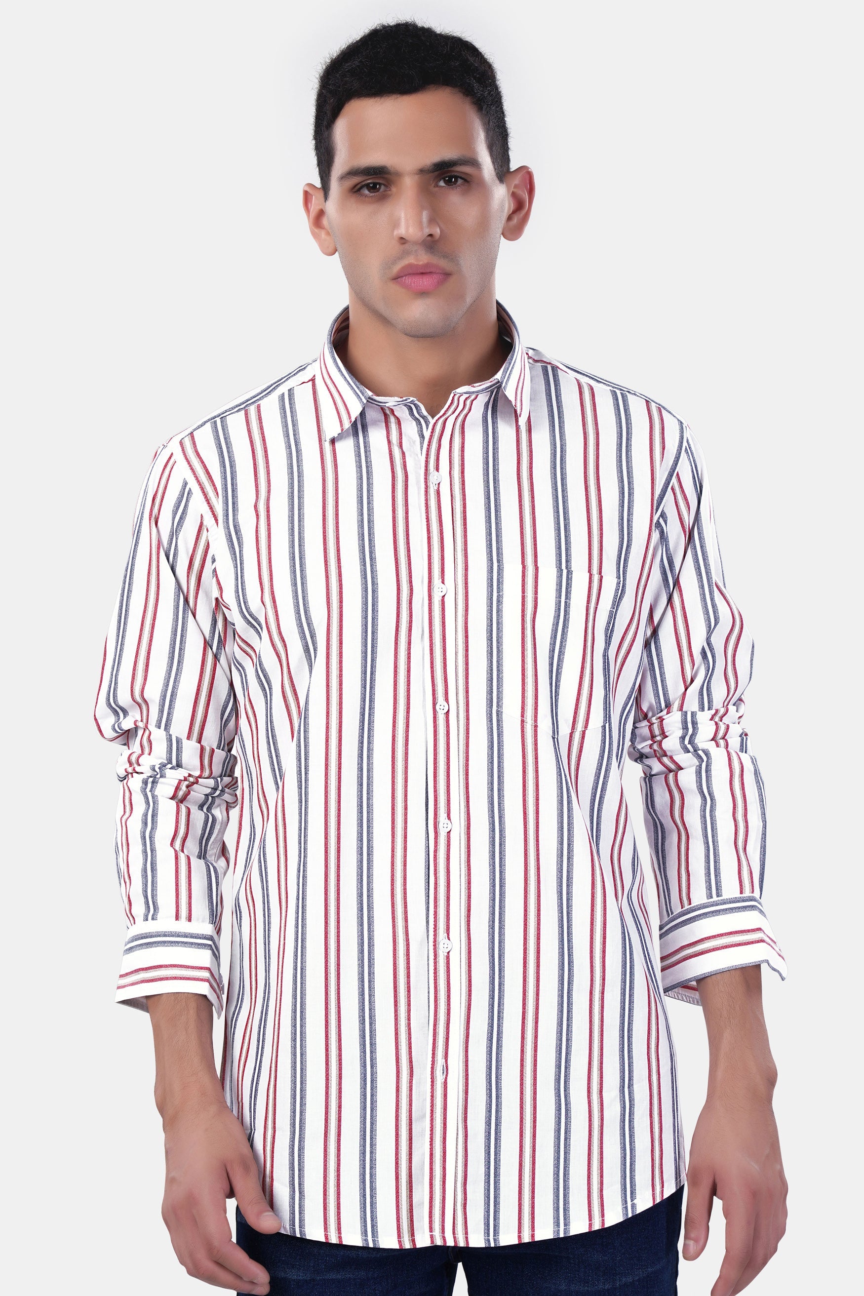 7swords-Bright White and Maple Red Multicolour Striped Premium Cotton Shirt