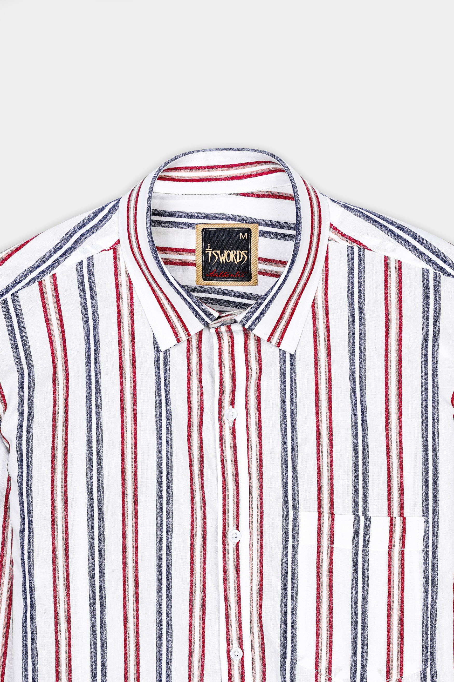 7swords-Bright White and Maple Red Multicolour Striped Premium Cotton Shirt