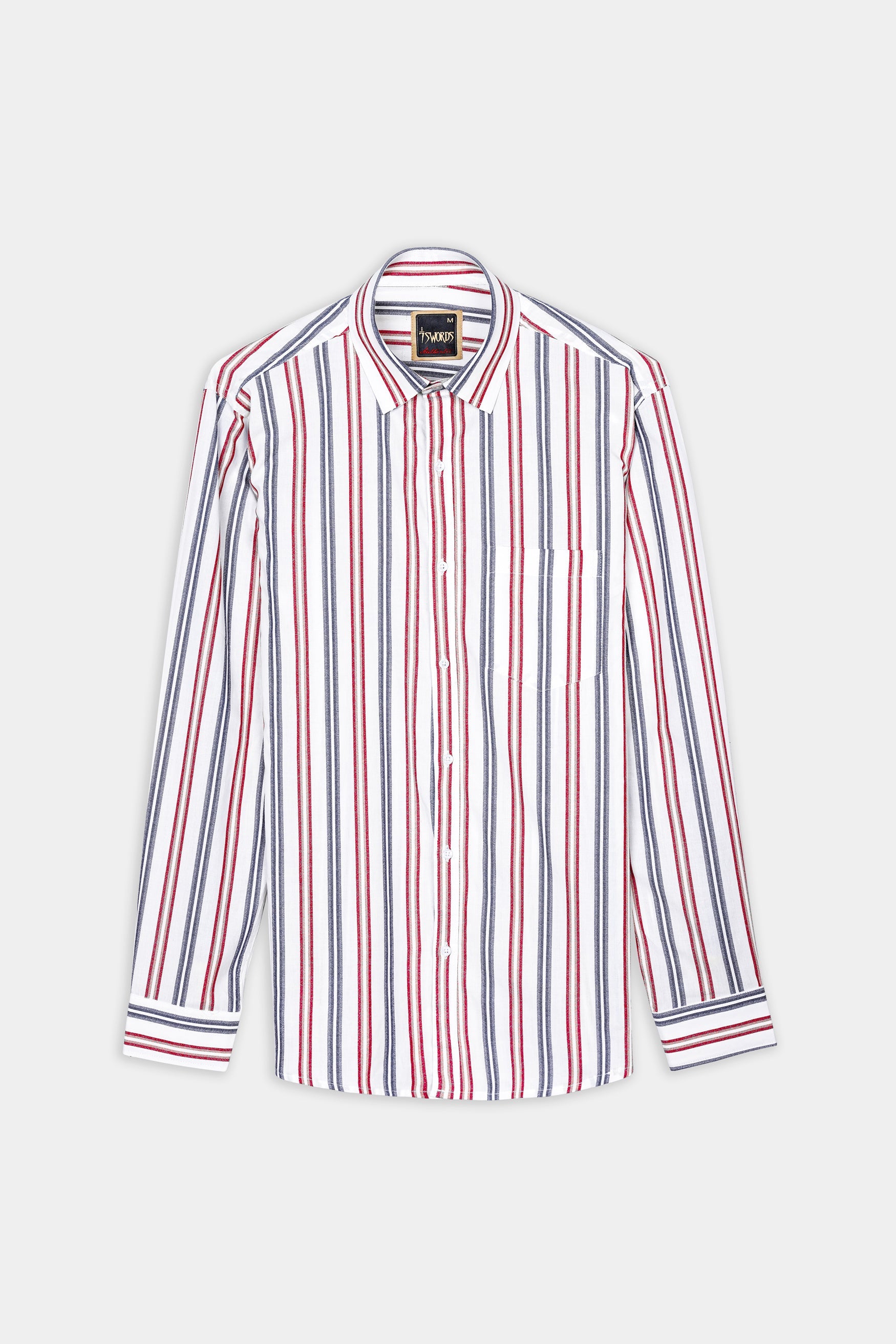 7swords-Bright White and Maple Red Multicolour Striped Premium Cotton Shirt