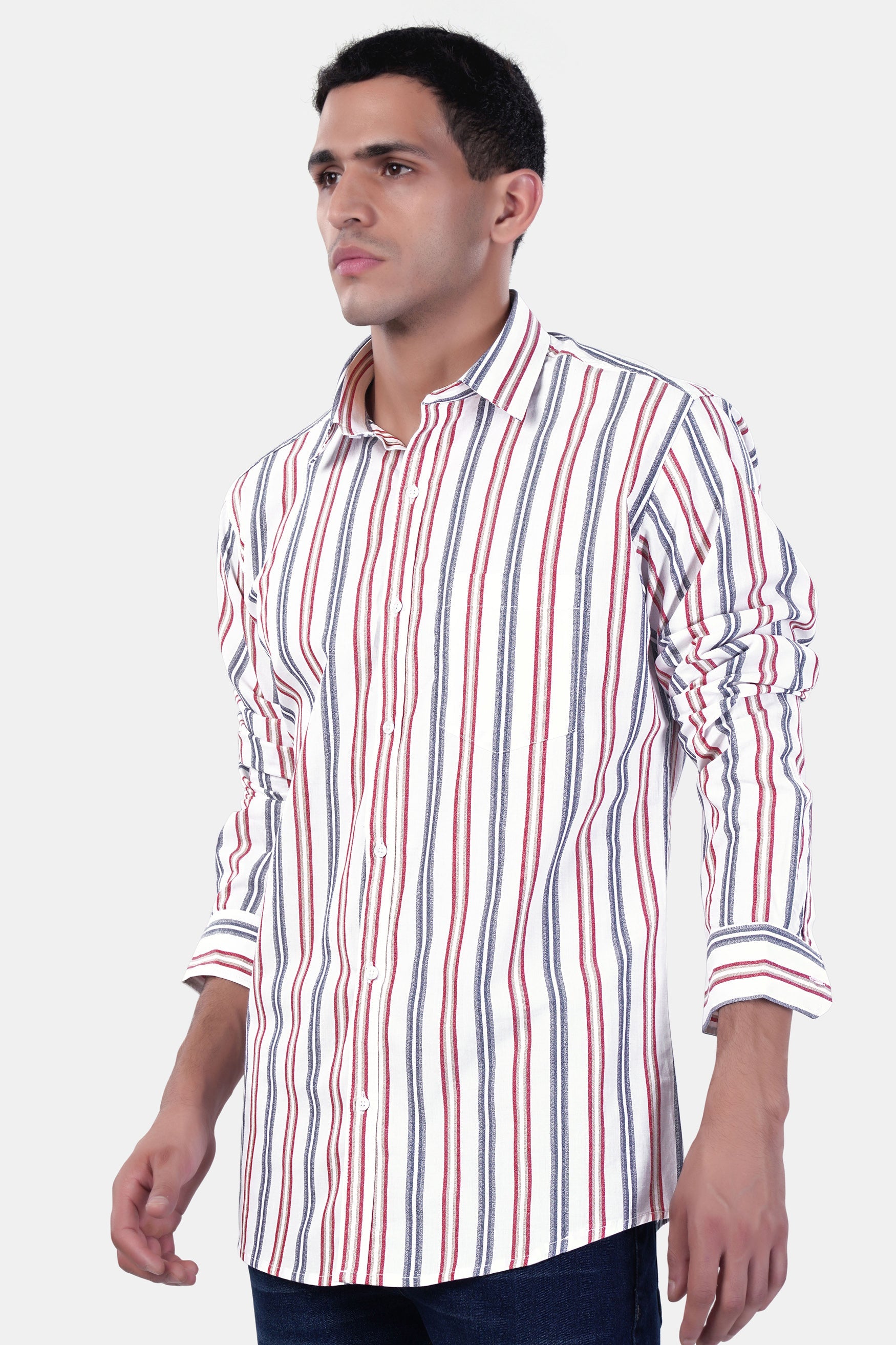 7swords-Bright White and Maple Red Multicolour Striped Premium Cotton Shirt