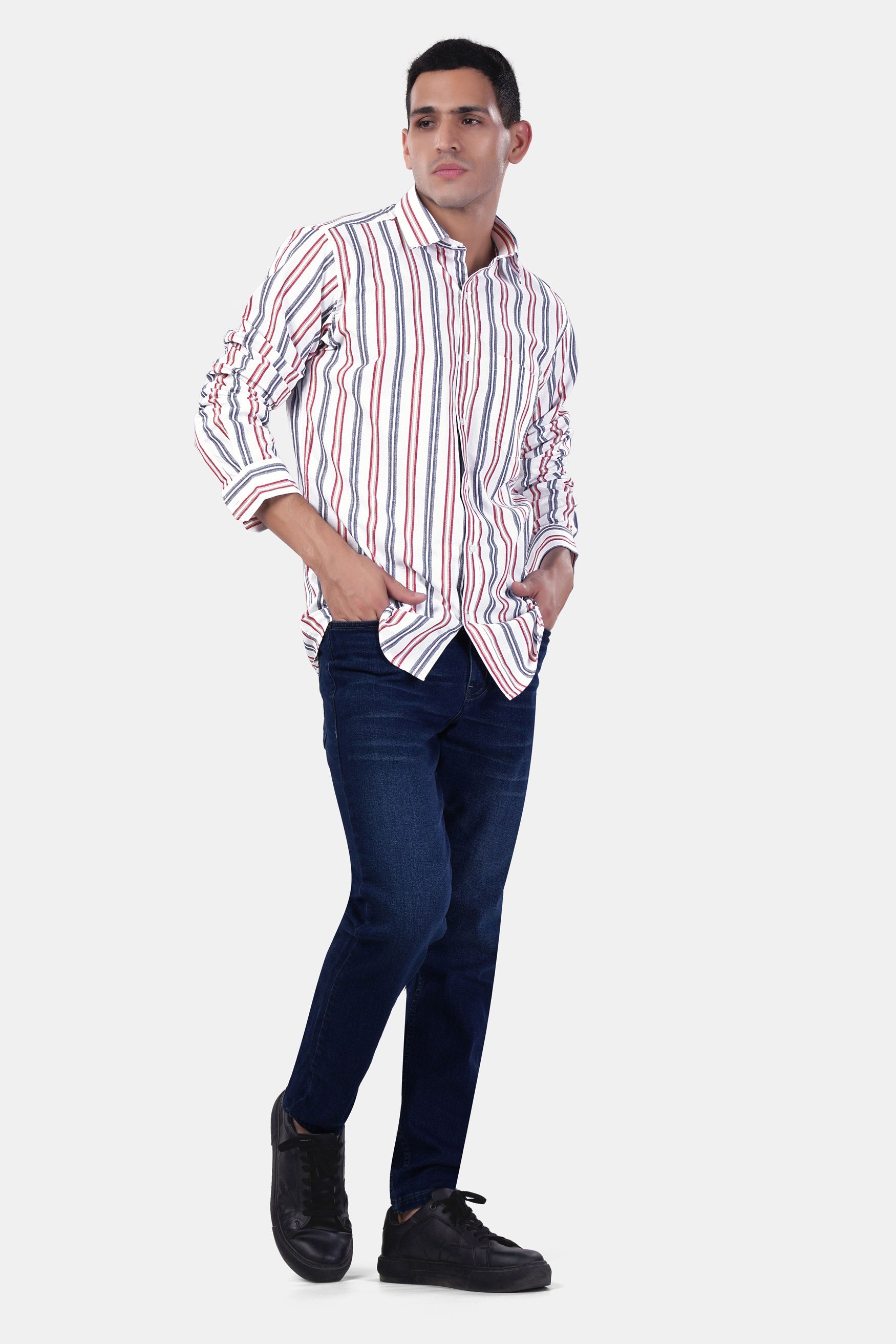 7swords-Bright White and Maple Red Multicolour Striped Premium Cotton Shirt